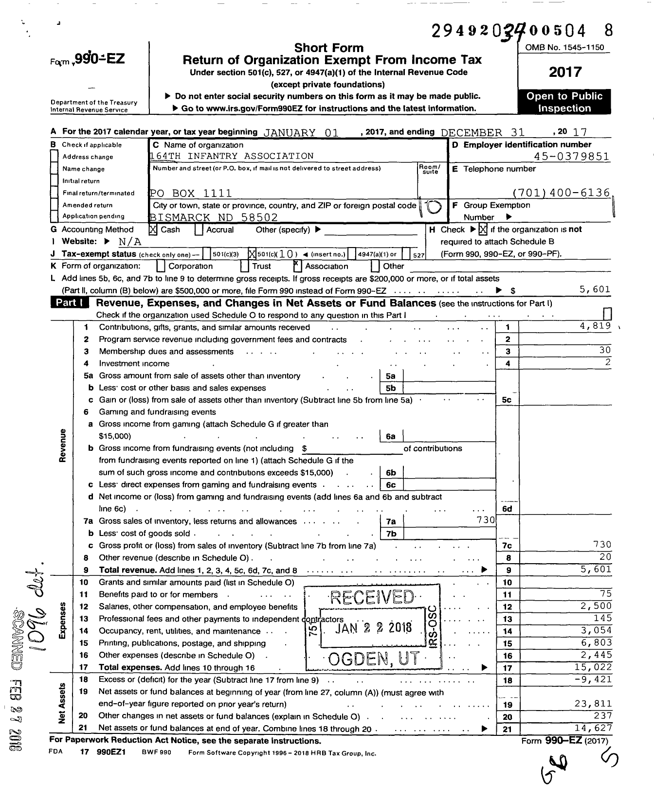 Image of first page of 2017 Form 990EO for 164TH Infantry Association of the United States of America