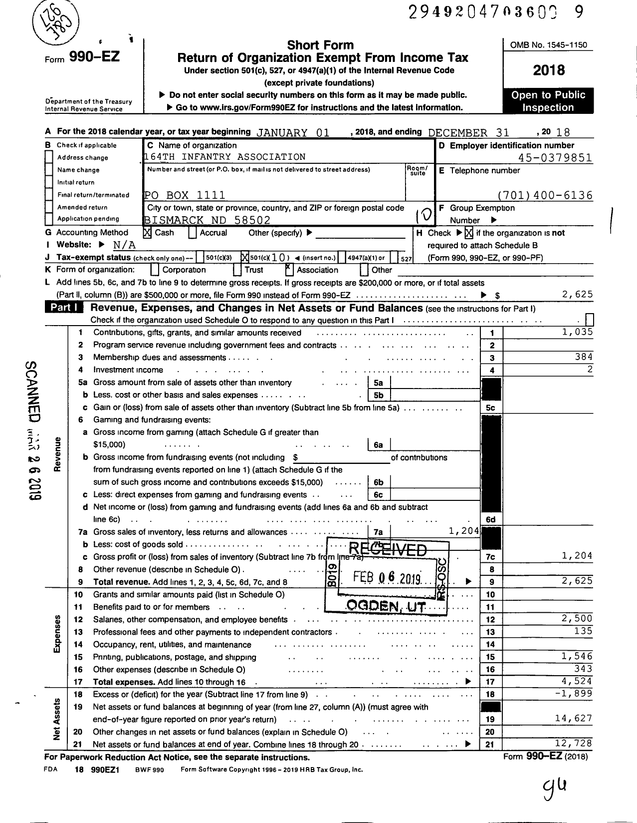 Image of first page of 2018 Form 990EO for 164TH Infantry Association of the United States of America