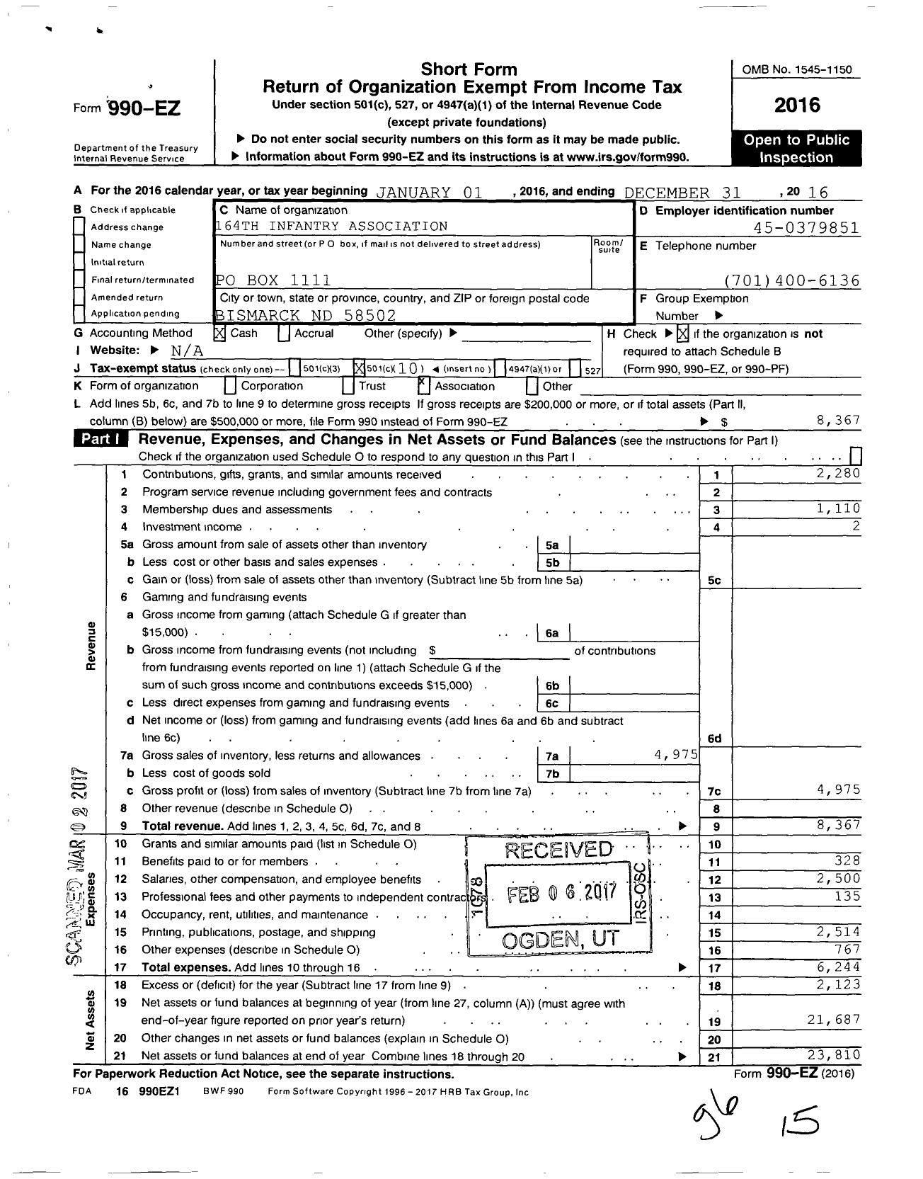 Image of first page of 2016 Form 990EO for 164TH Infantry Association of the United States of America