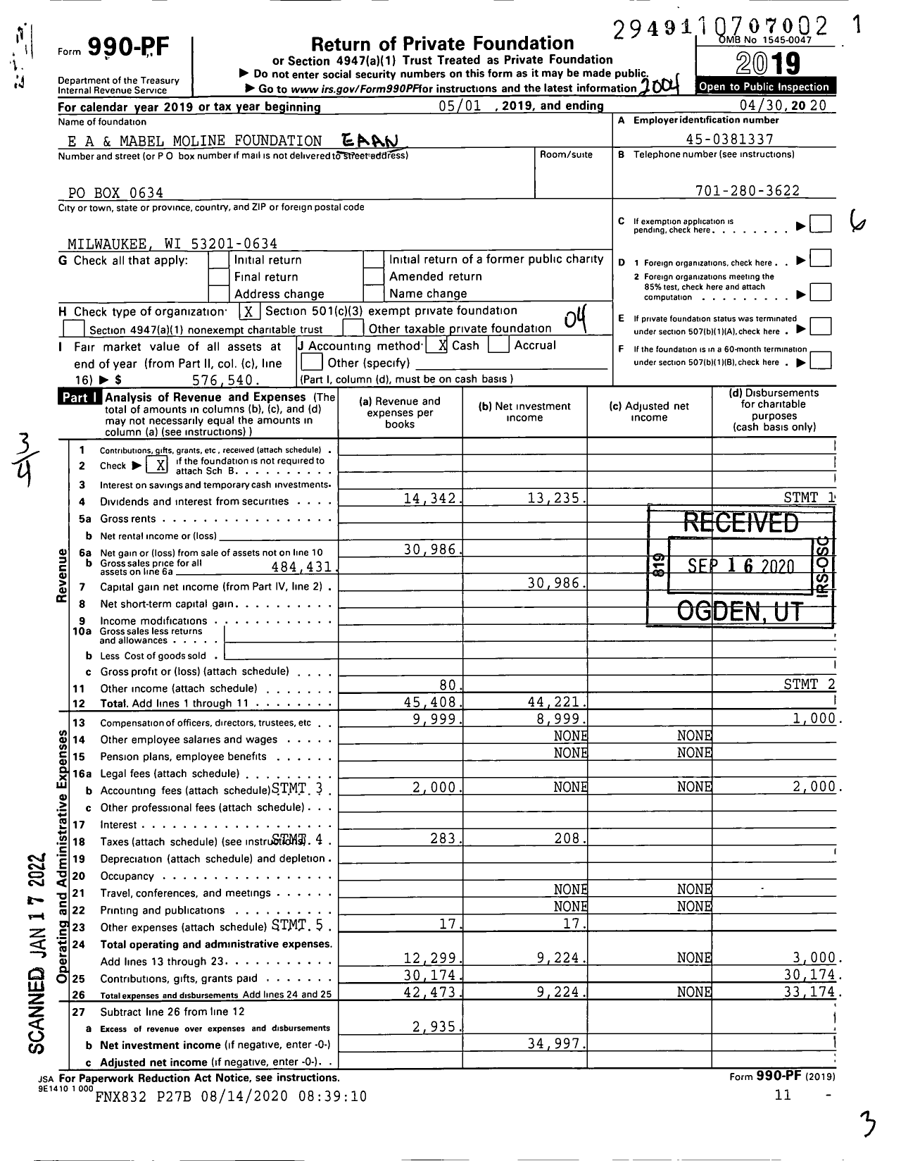 Image of first page of 2019 Form 990PF for E A and Mabel Moline Foundation