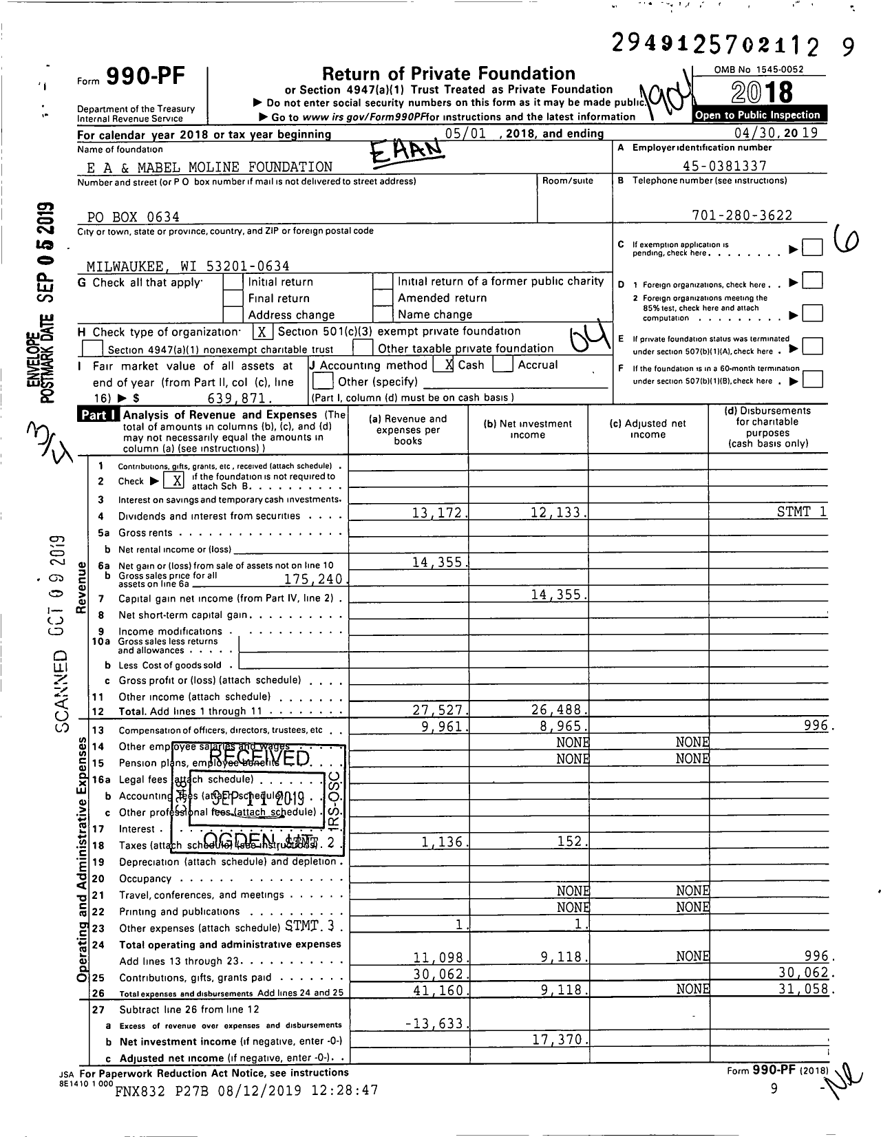 Image of first page of 2018 Form 990PF for E A and Mabel Moline Foundation