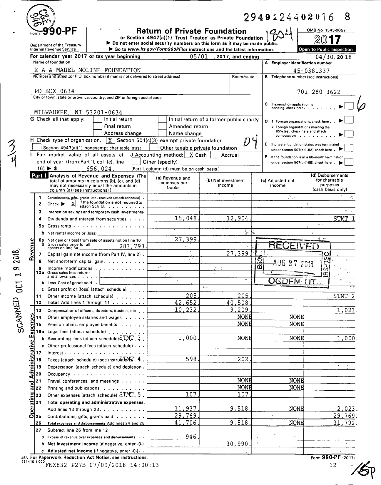 Image of first page of 2017 Form 990PF for E A and Mabel Moline Foundation