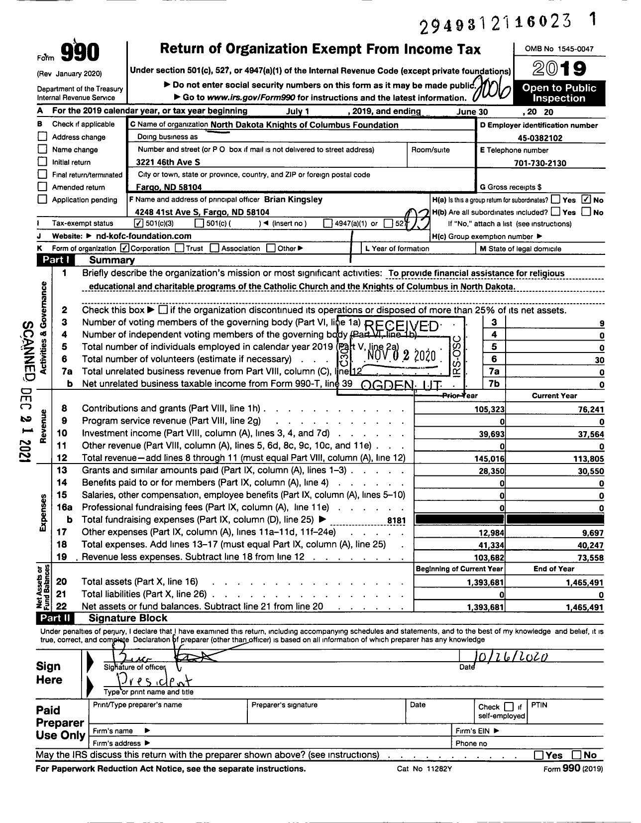 Image of first page of 2019 Form 990 for North Dakota Knights of Columbus Foundation