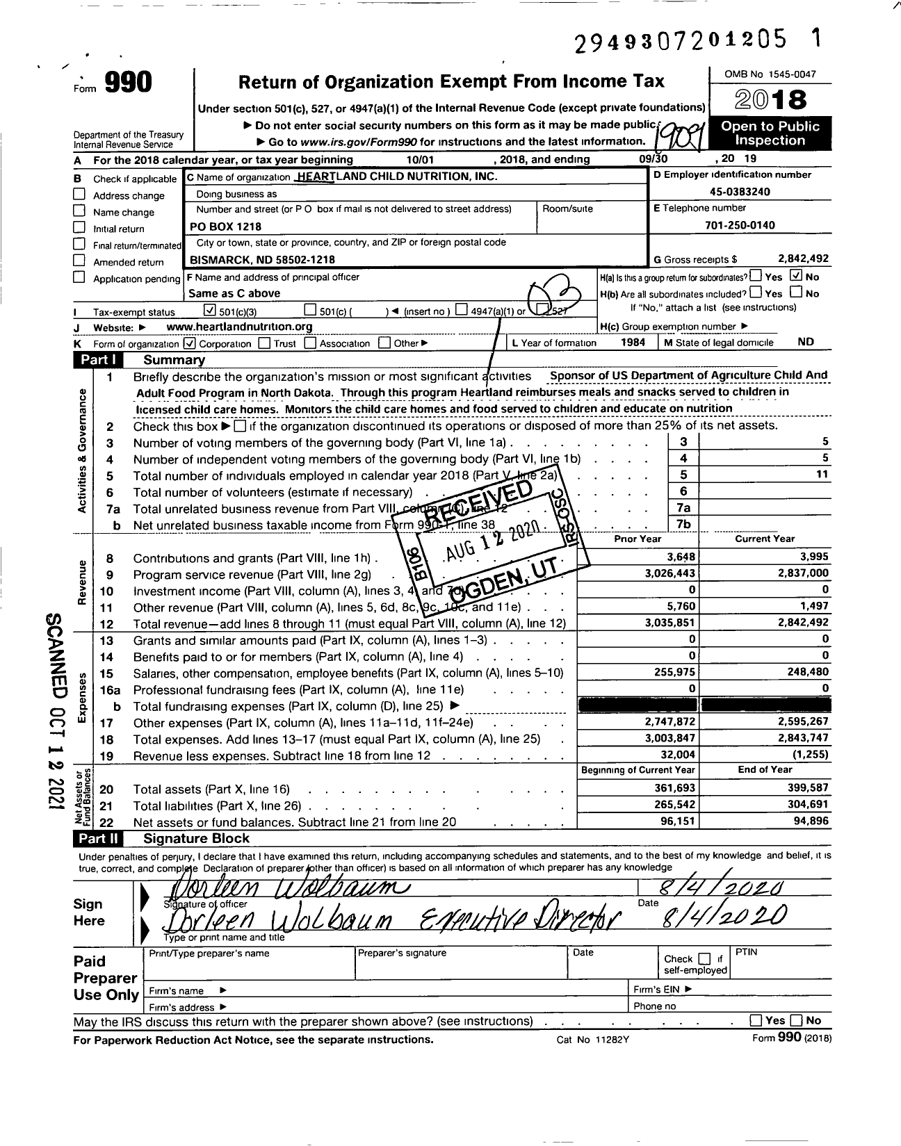 Image of first page of 2018 Form 990 for Heartland Child Nutrition