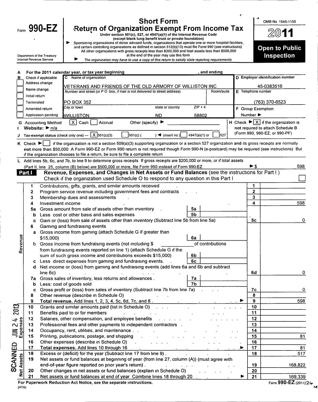 Image of first page of 2011 Form 990EZ for Veterans and Friends of the Old Armory