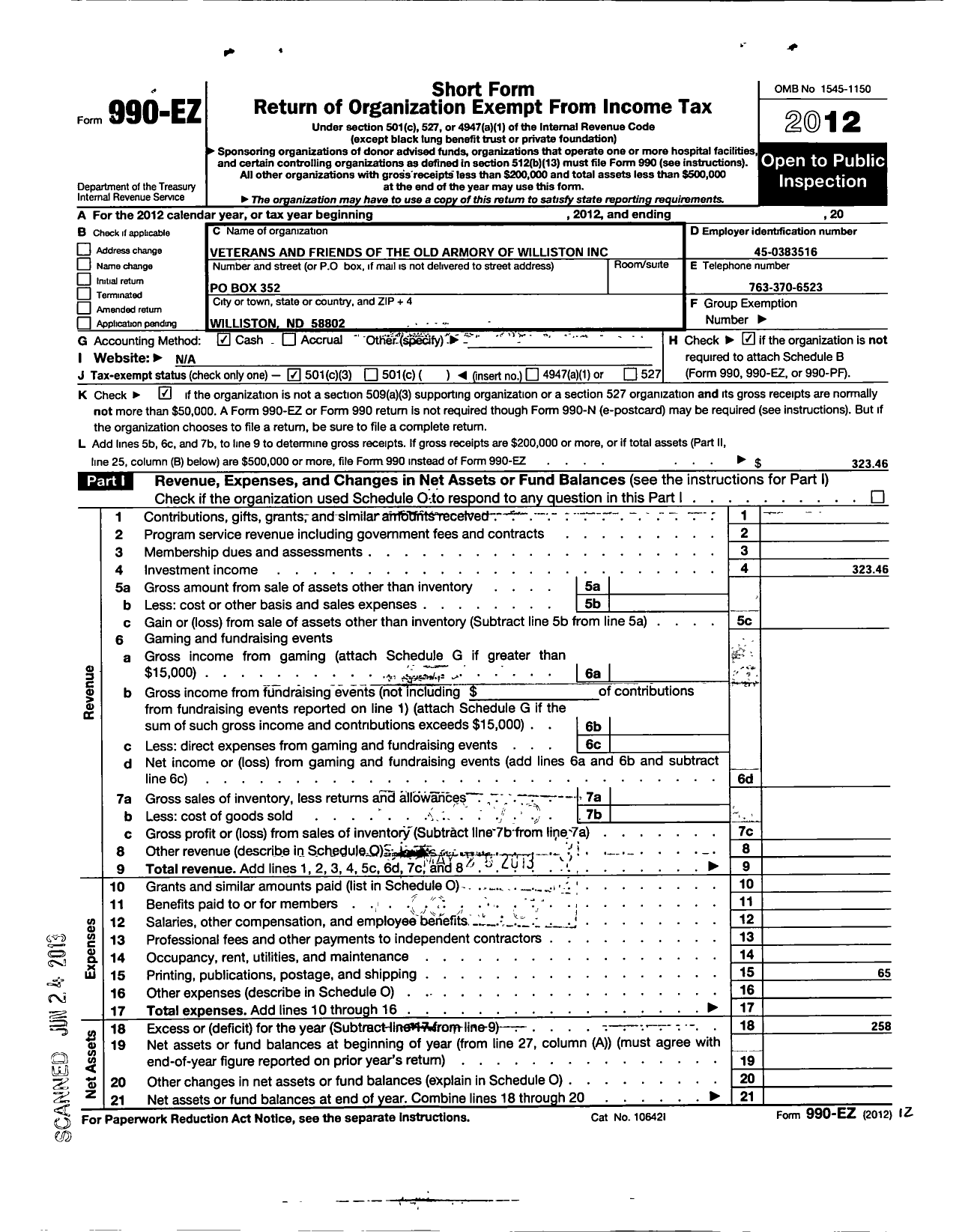 Image of first page of 2012 Form 990EZ for Veterans and Friends of the Old Armory