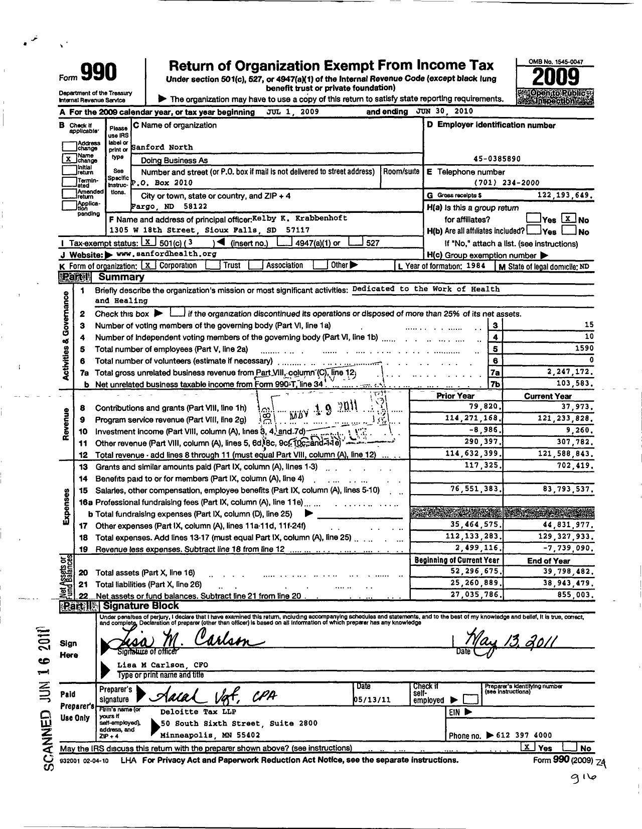 Image of first page of 2009 Form 990 for Sanford