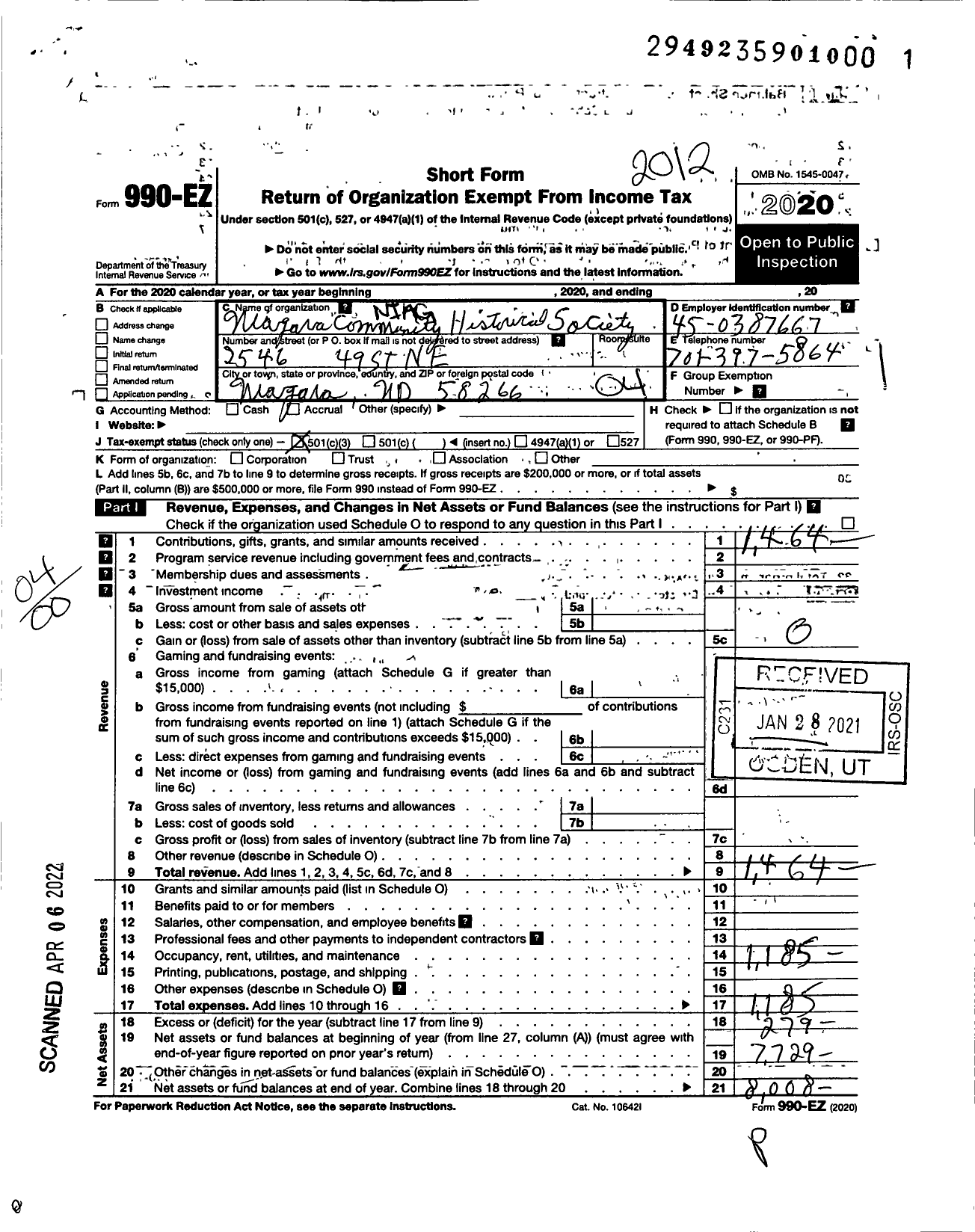 Image of first page of 2020 Form 990EO for Niagara Community Historical Society