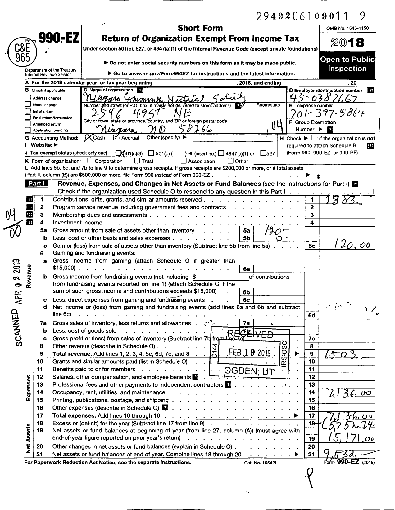 Image of first page of 2018 Form 990EO for Niagara Community Historical Society