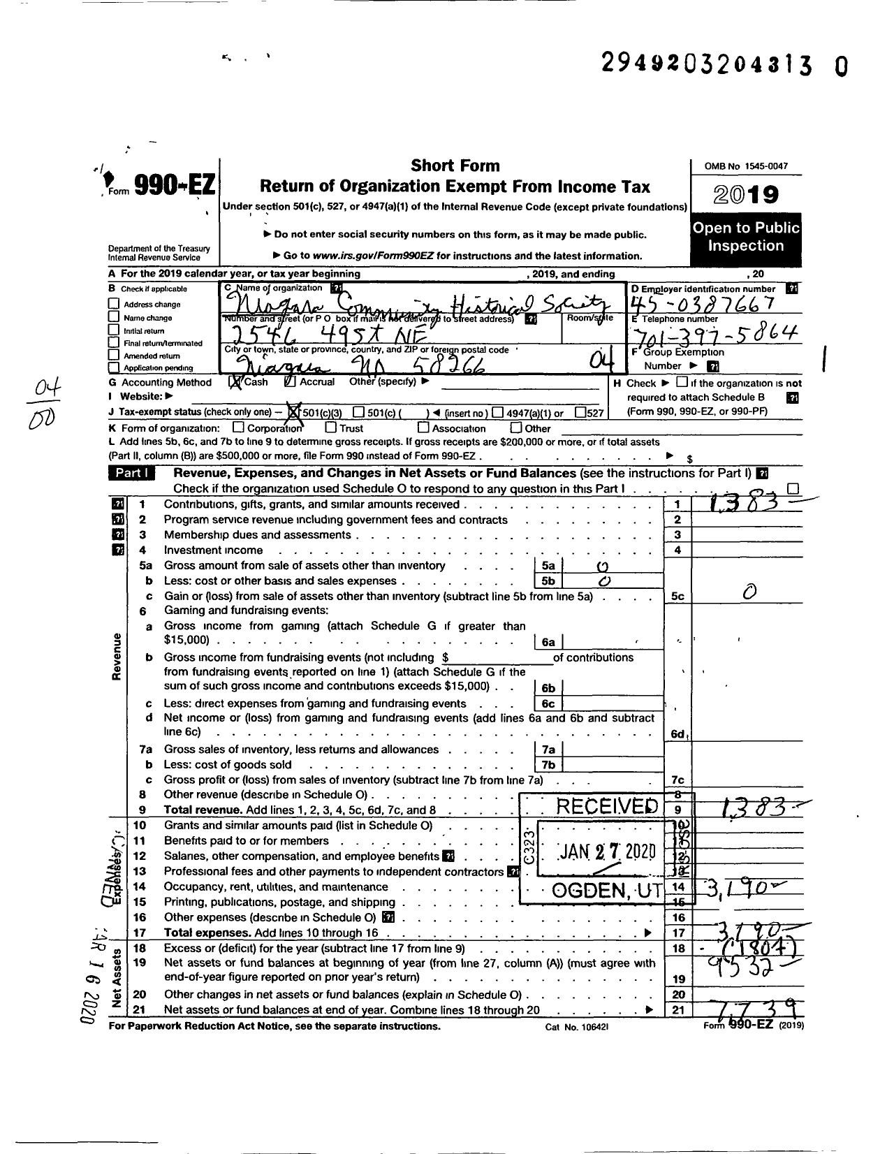 Image of first page of 2019 Form 990EO for Niagara Community Historical Society