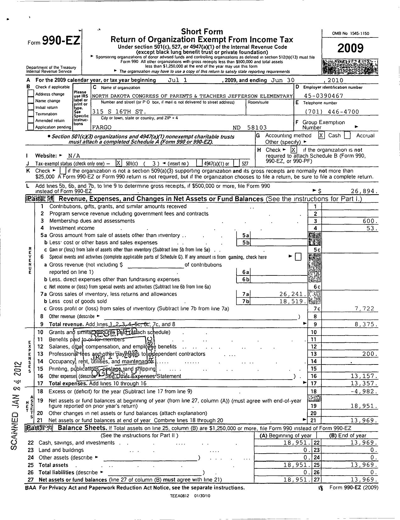 Image of first page of 2009 Form 990EZ for North Dakota Congress of Parents and Teachers / Jefferson PTA