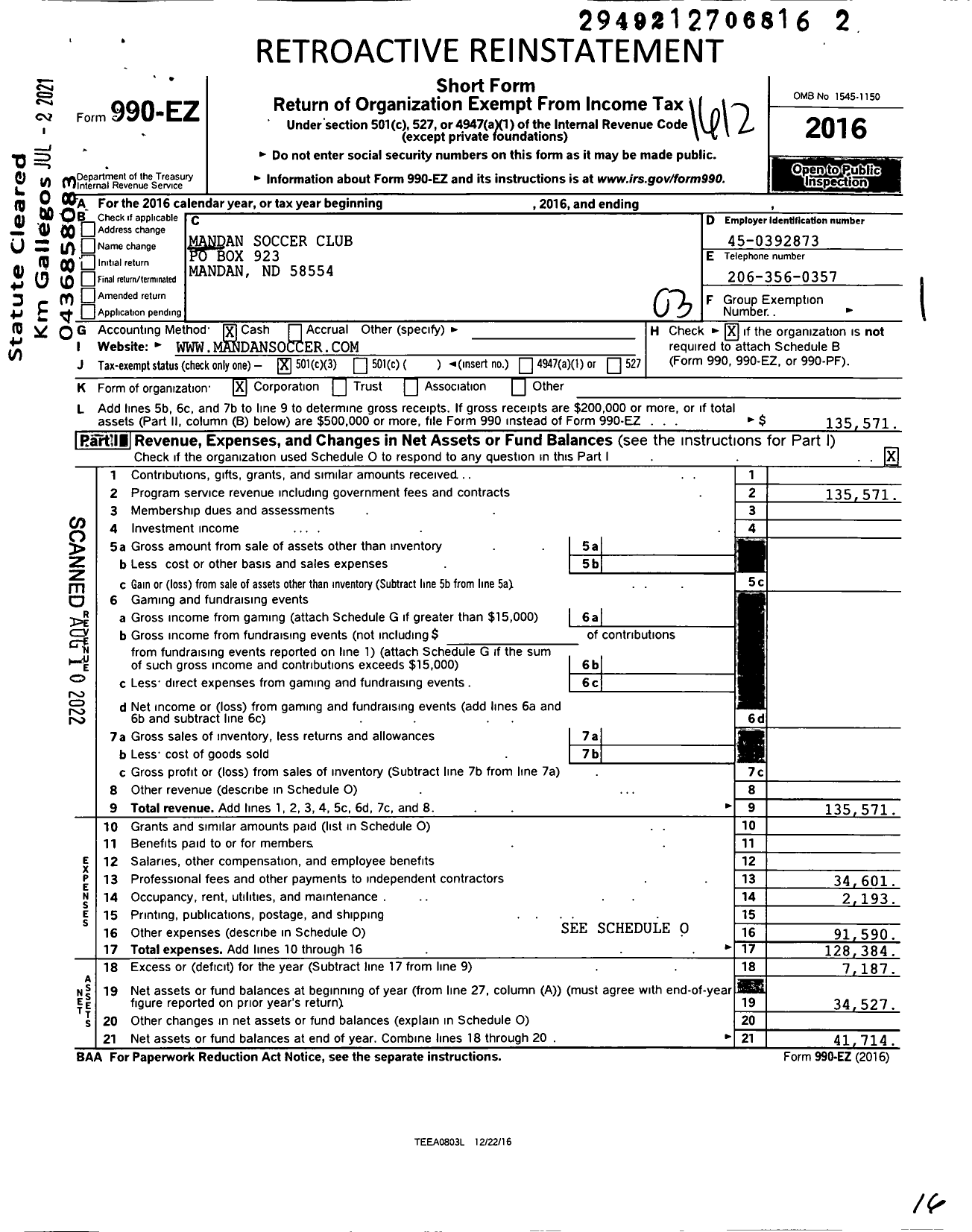 Image of first page of 2017 Form 990EZ for Mandan Soccer Club