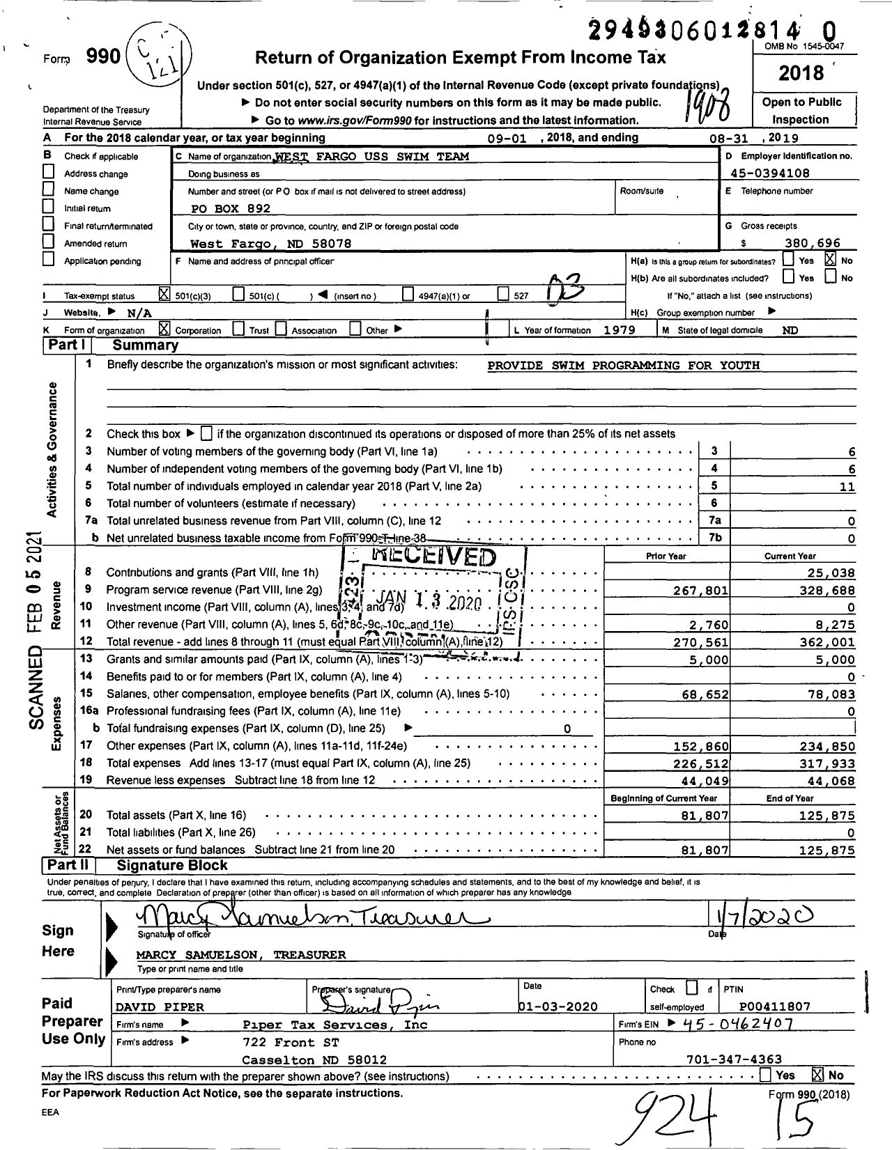 Image of first page of 2018 Form 990 for West Fargo Uss Swim Team