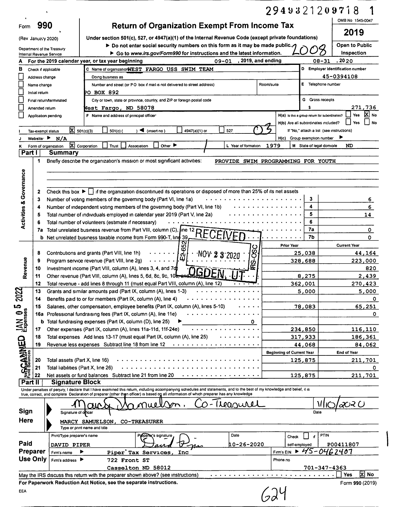 Image of first page of 2019 Form 990 for West Fargo Uss Swim Team