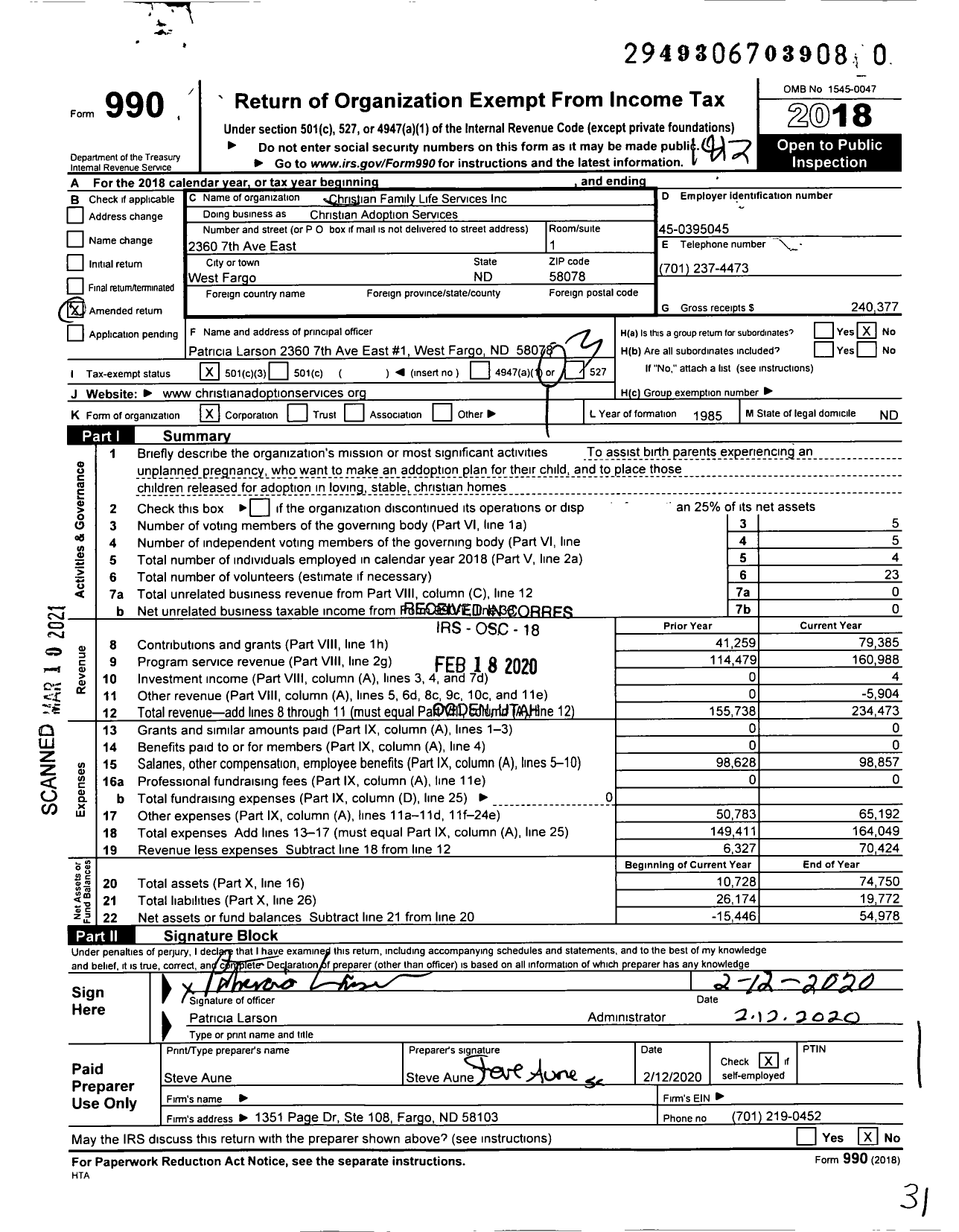 Image of first page of 2018 Form 990 for Christian Family Life Services