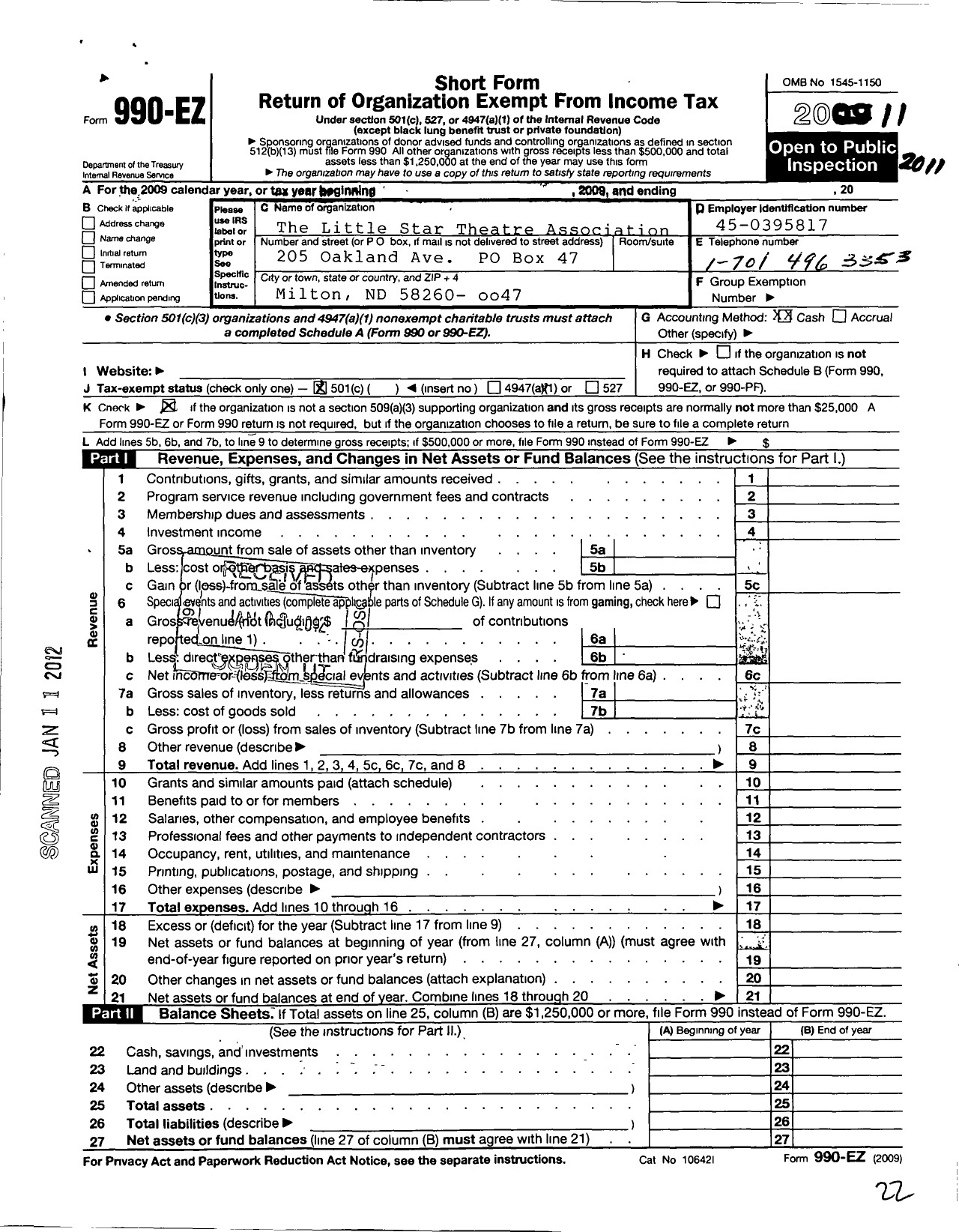 Image of first page of 2011 Form 990EO for Little Star Theater Association Milton ND