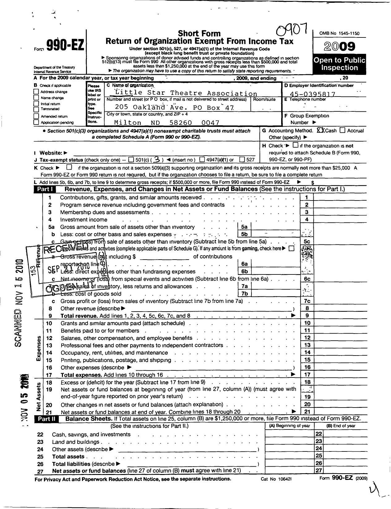 Image of first page of 2008 Form 990EZ for Little Star Theater Association Milton ND