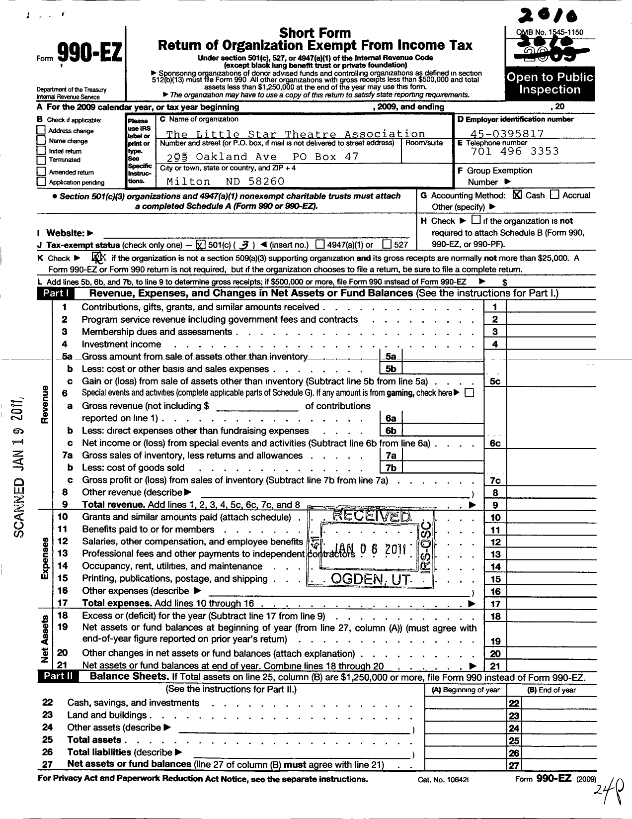 Image of first page of 2010 Form 990EZ for Little Star Theater Association Milton ND