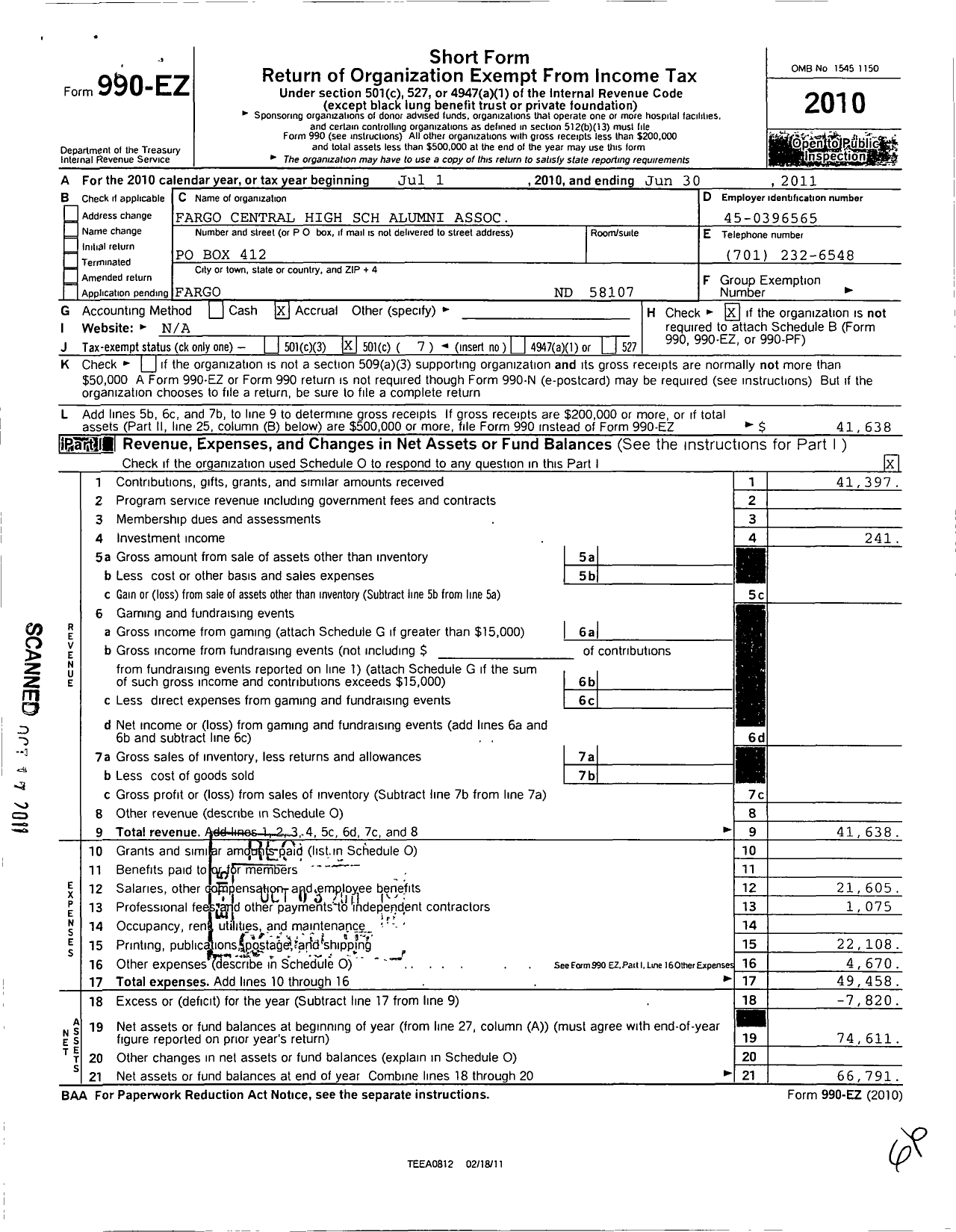 Image of first page of 2010 Form 990EO for Fargo Central High SCH Alumni Association