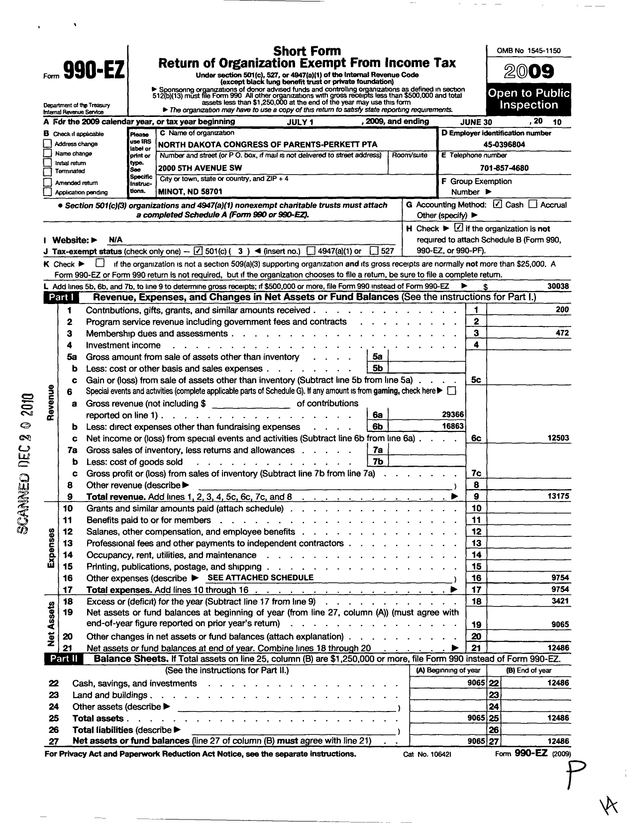 Image of first page of 2009 Form 990EZ for North Dakota Congress of Parents and Teachers / Perkett PTA