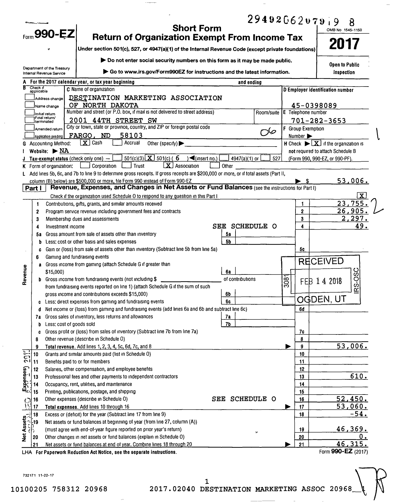 Image of first page of 2017 Form 990EO for Destination Marketing Association of North Dakota