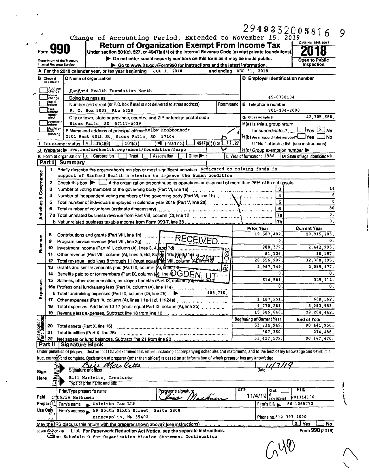 Image of first page of 2018 Form 990 for Sanford Health Foundation North