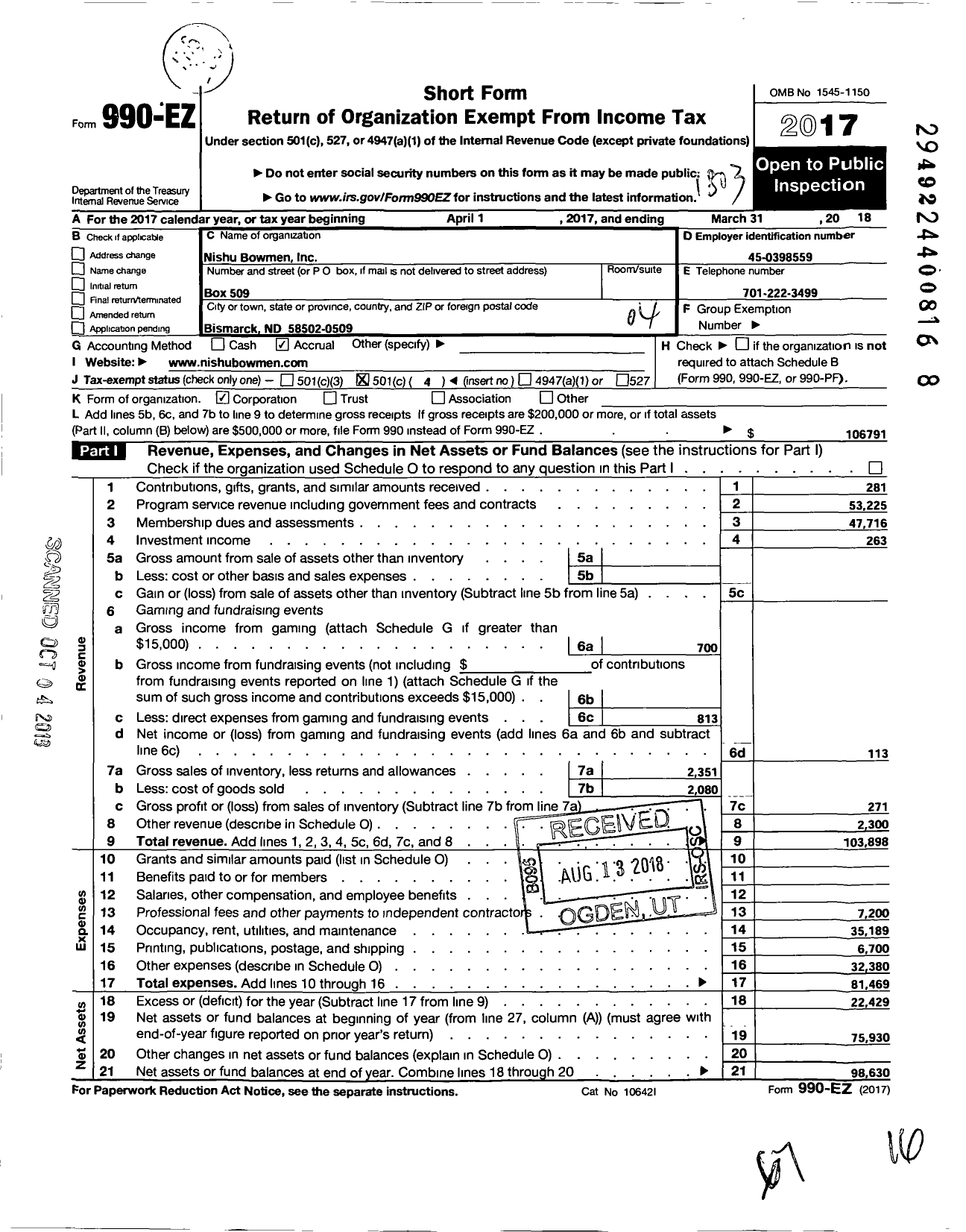 Image of first page of 2017 Form 990EO for Nishu Bowmen