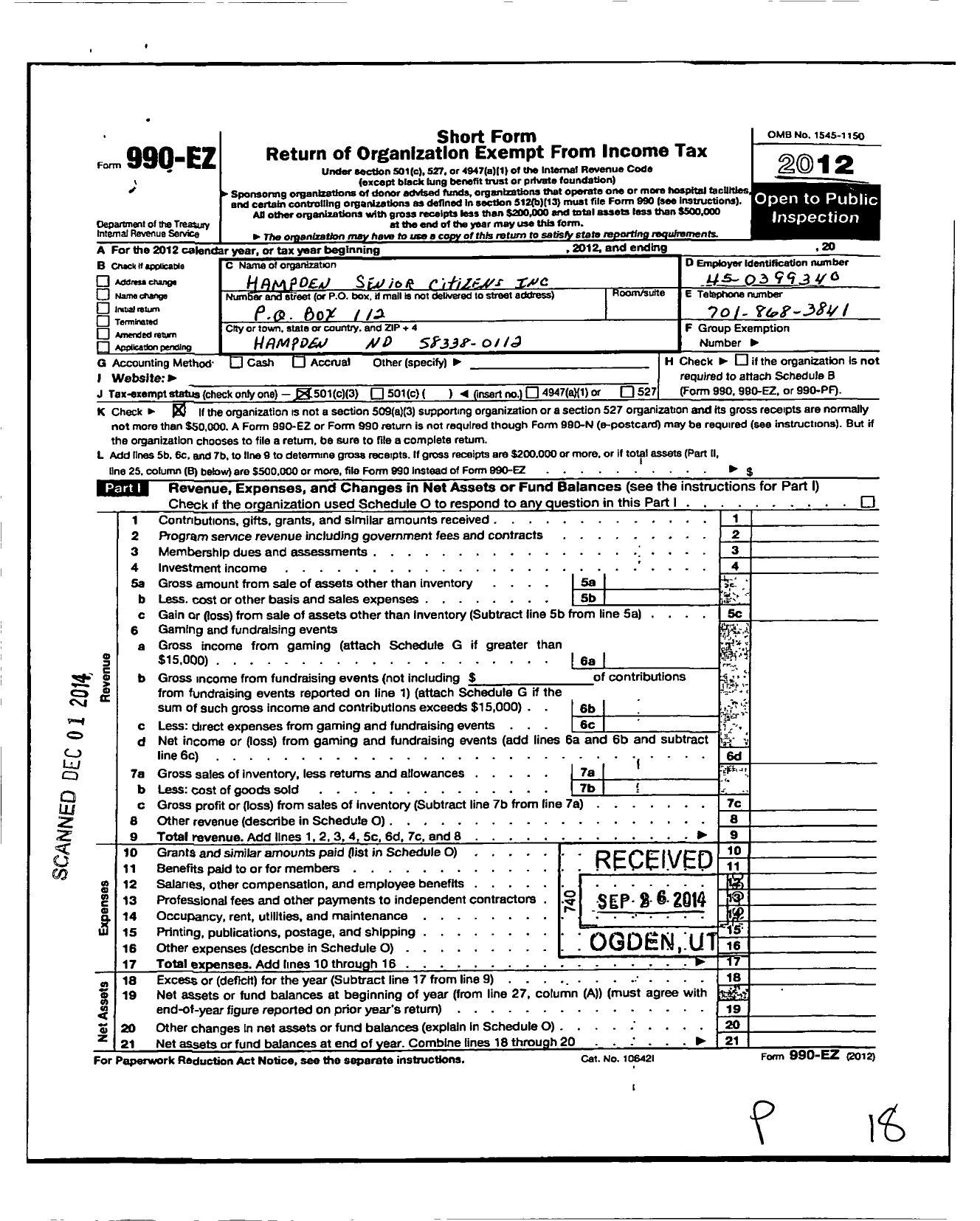 Image of first page of 2012 Form 990EZ for Hampden Senior Citizens