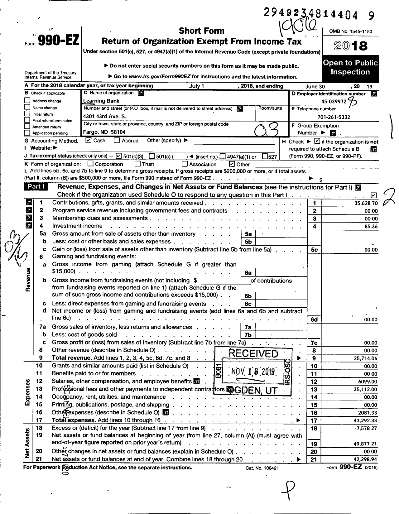 Image of first page of 2018 Form 990EZ for Learning Bank