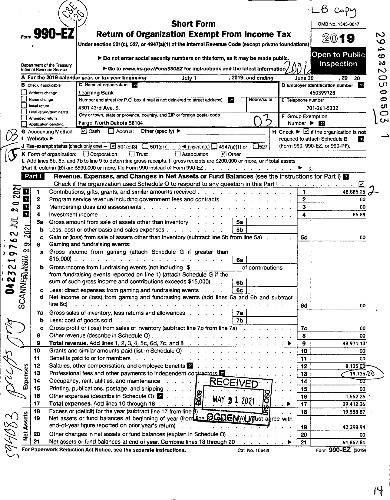 Image of first page of 2019 Form 990EZ for Learning Bank