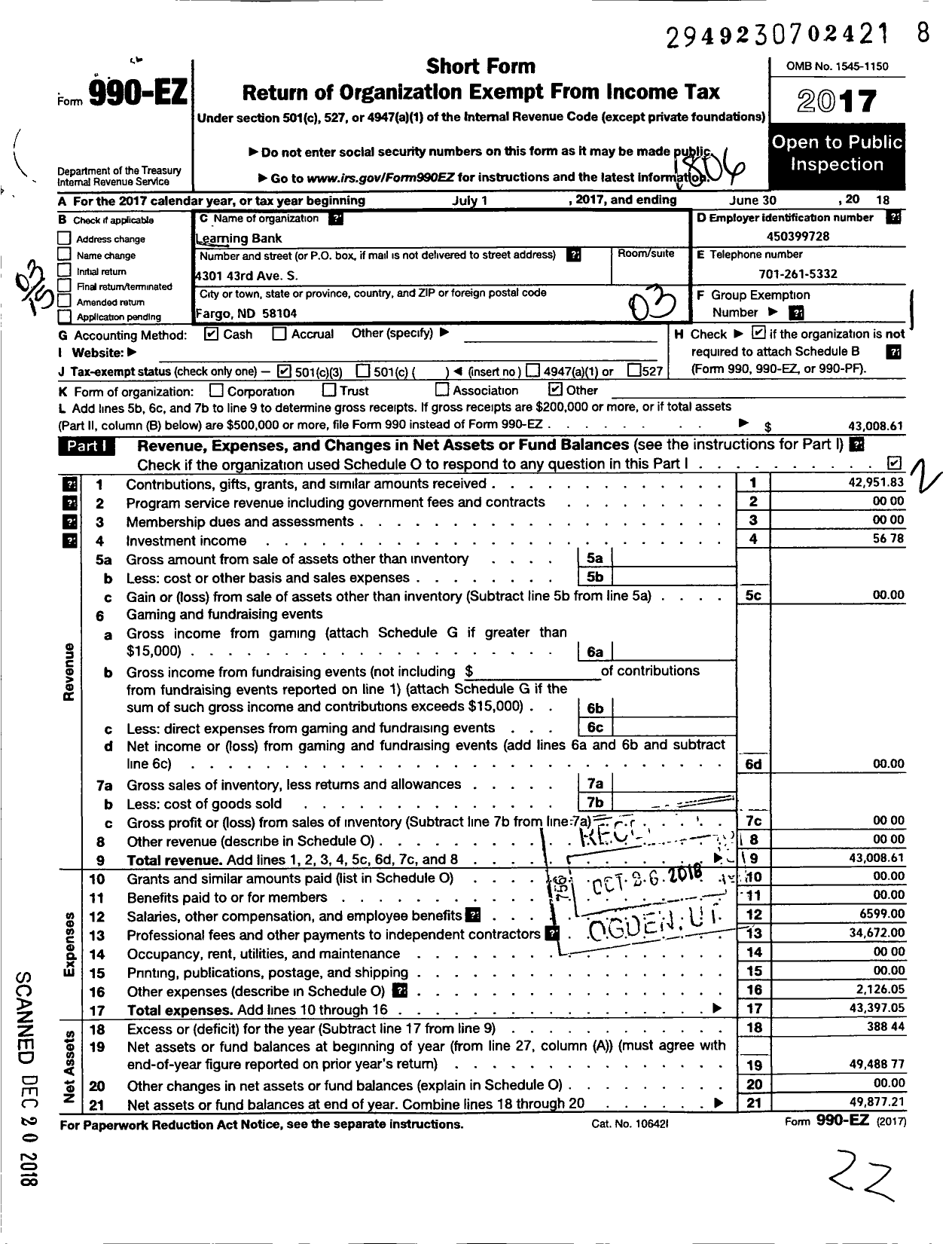 Image of first page of 2017 Form 990EZ for Learning Bank