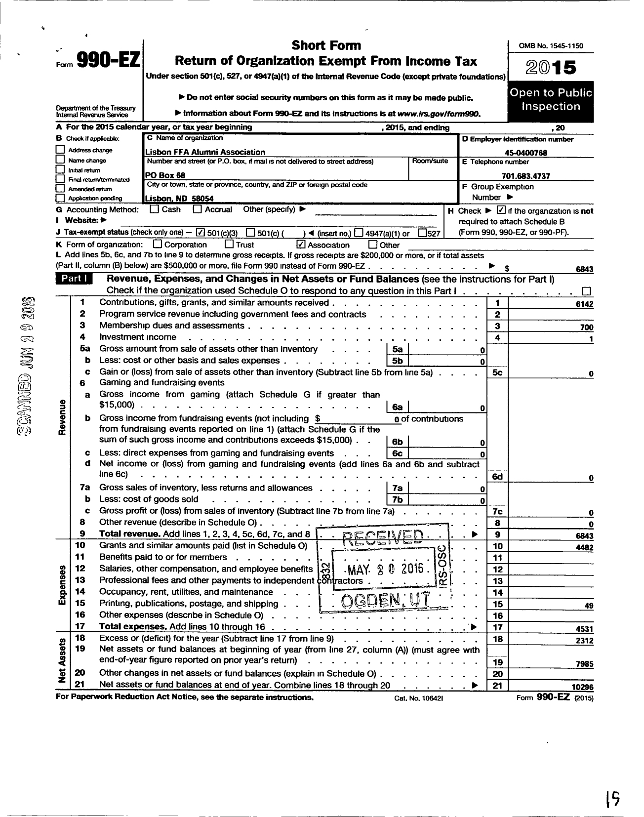 Image of first page of 2015 Form 990EZ for Ffa Alumni Association