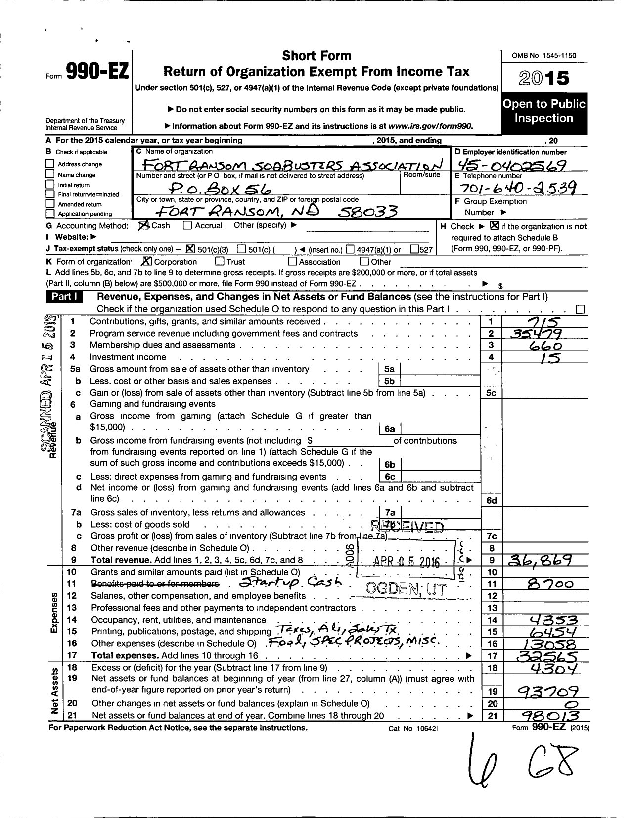 Image of first page of 2015 Form 990EZ for Fort Ransom Sodbusters Association