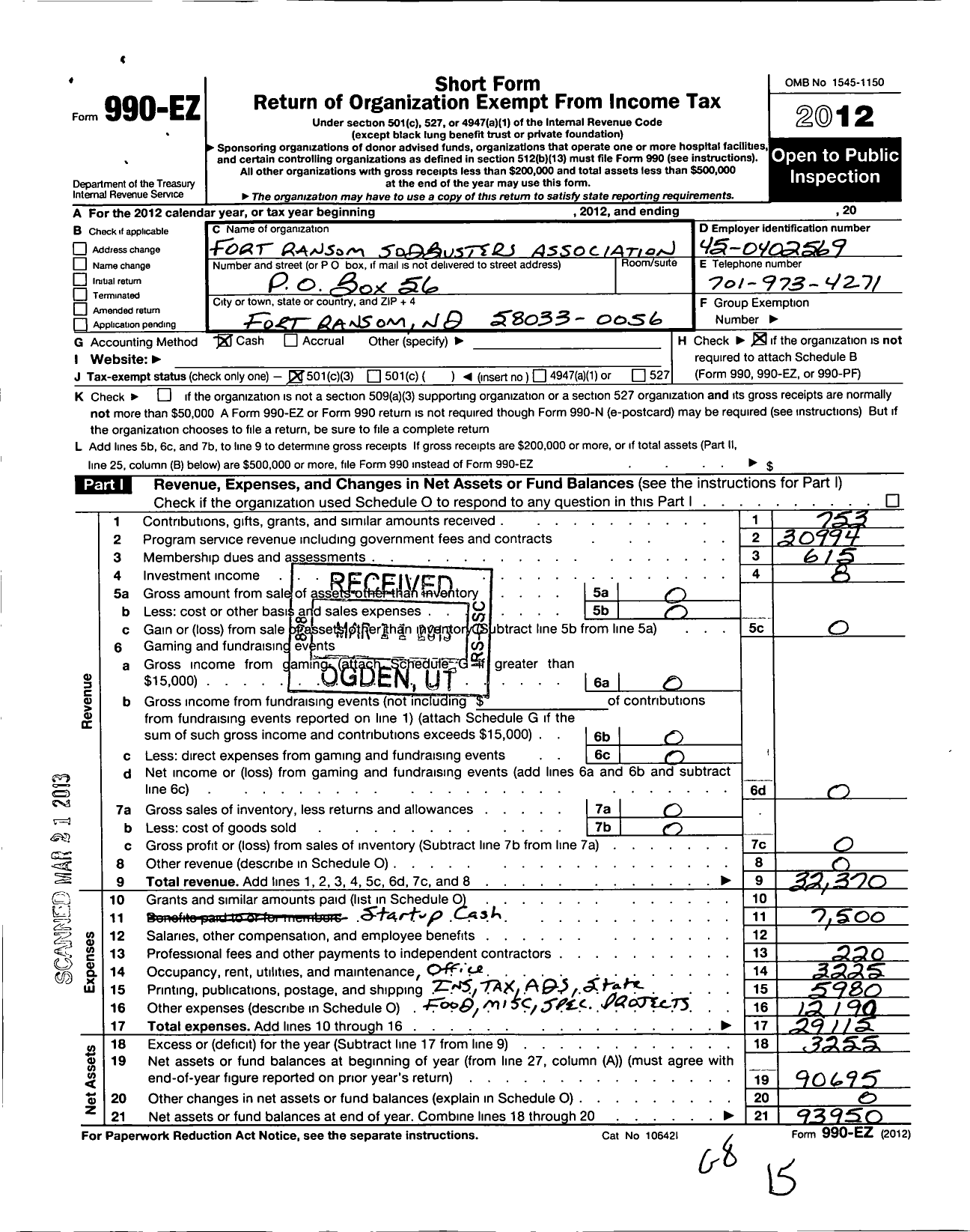 Image of first page of 2012 Form 990EZ for Fort Ransom Sodbusters Association