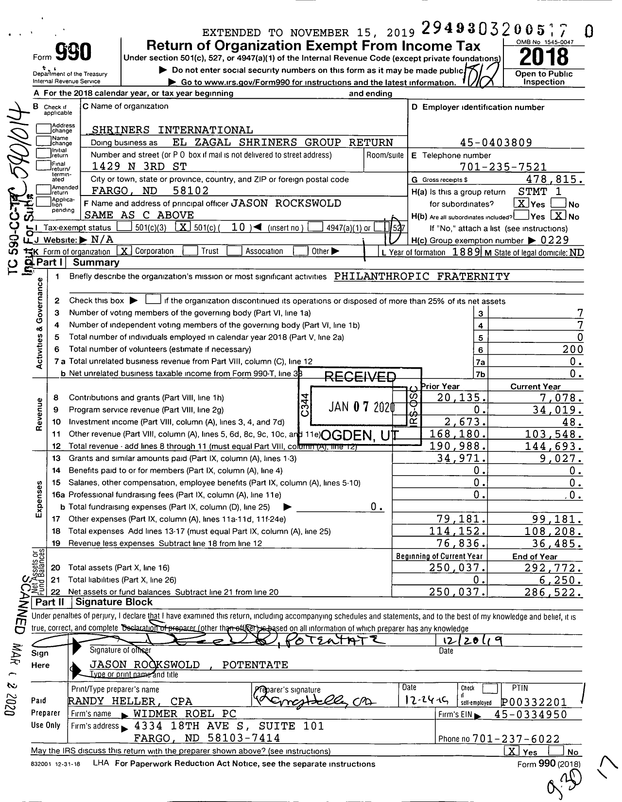 Image of first page of 2018 Form 990O for Shriners International - El Zagal Shriners Group Return