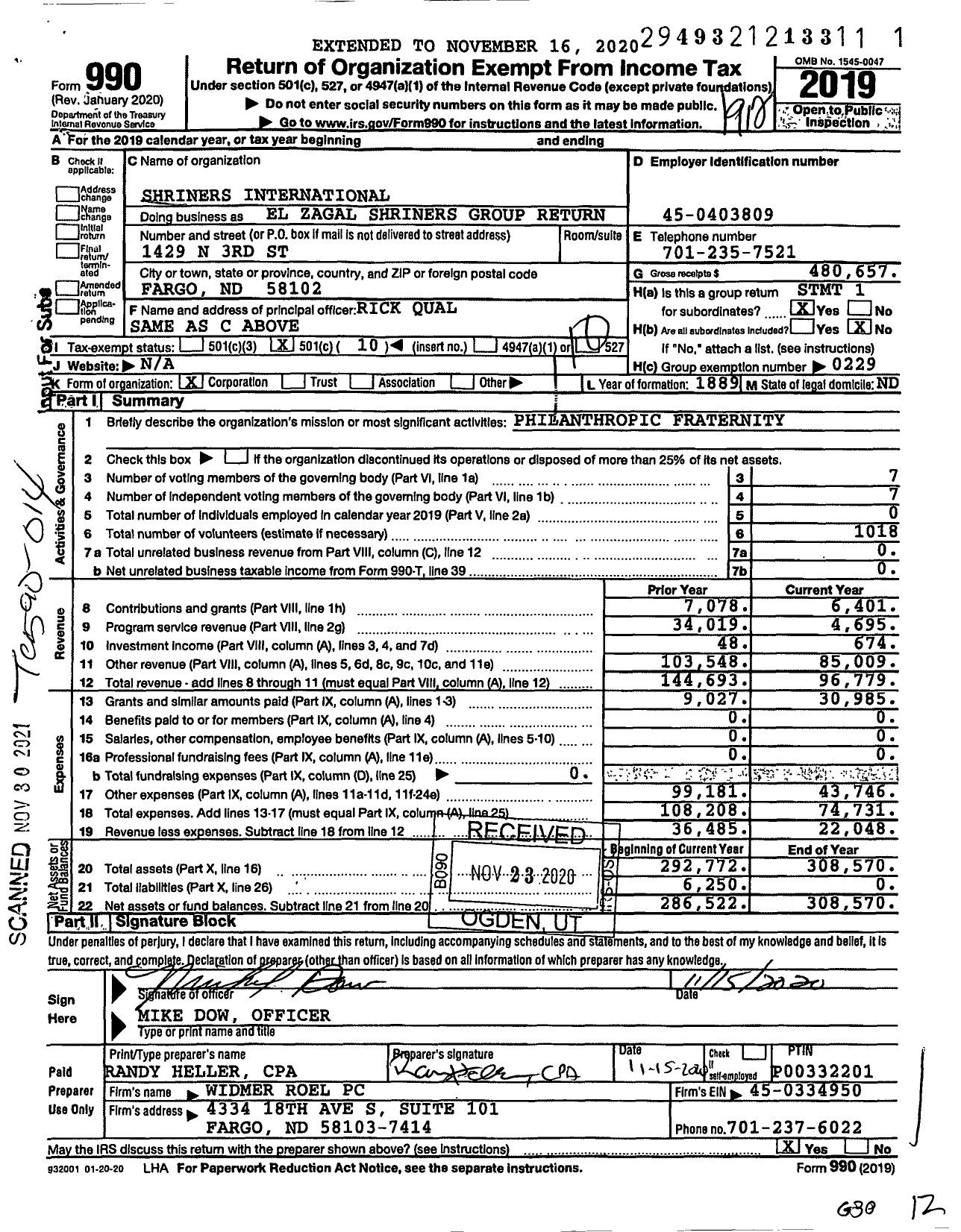 Image of first page of 2019 Form 990O for Shriners International - El Zagal Shriners Group Return