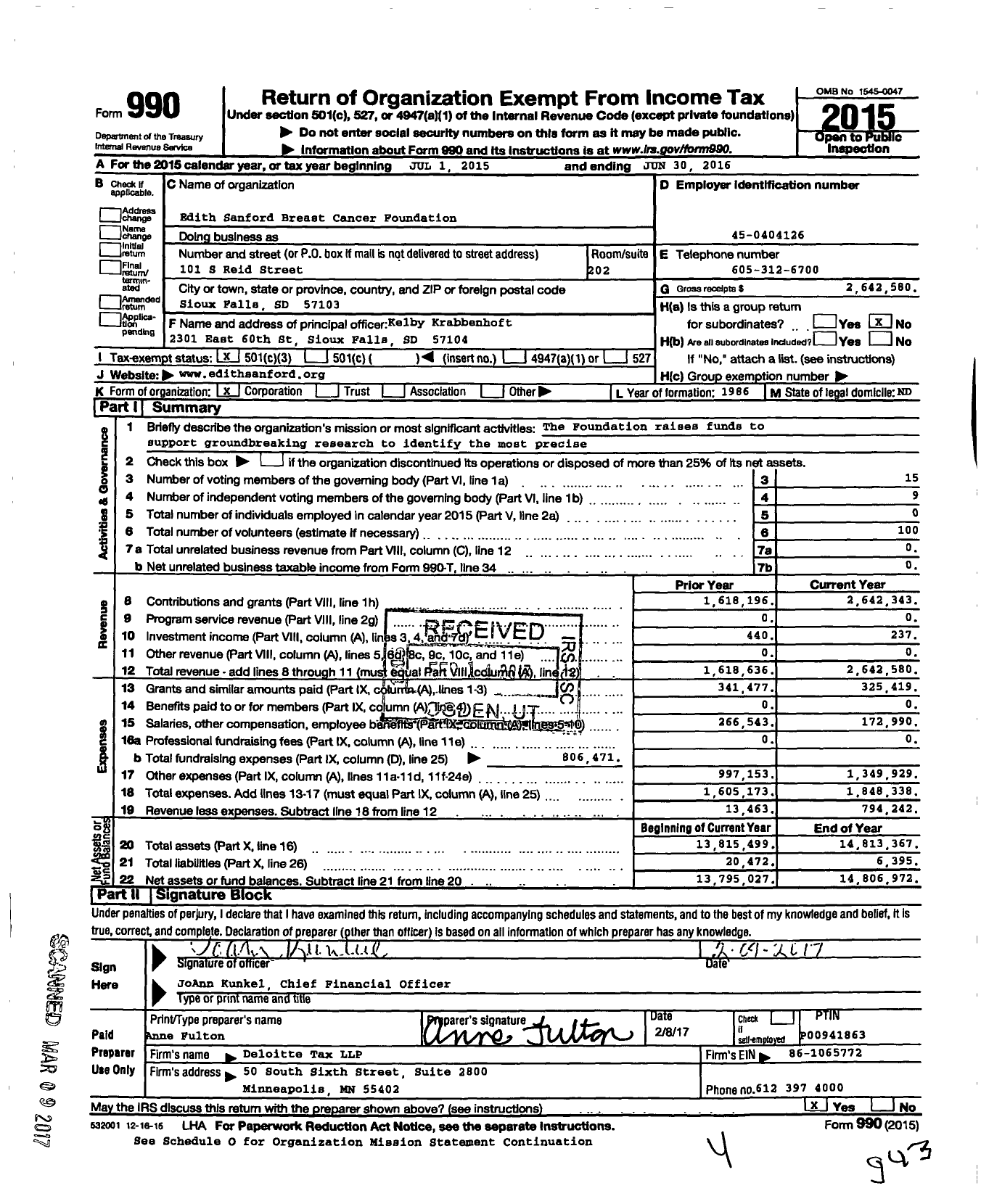 Image of first page of 2015 Form 990 for Edith Sanford Breast Cancer Foundation