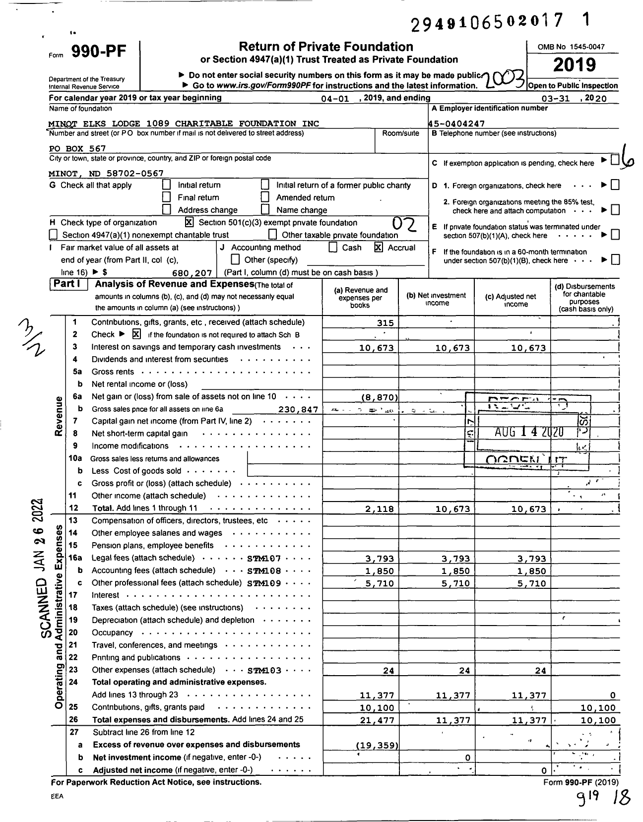 Image of first page of 2019 Form 990PF for Minot Elks Lodge No 1089 Charitable Fund