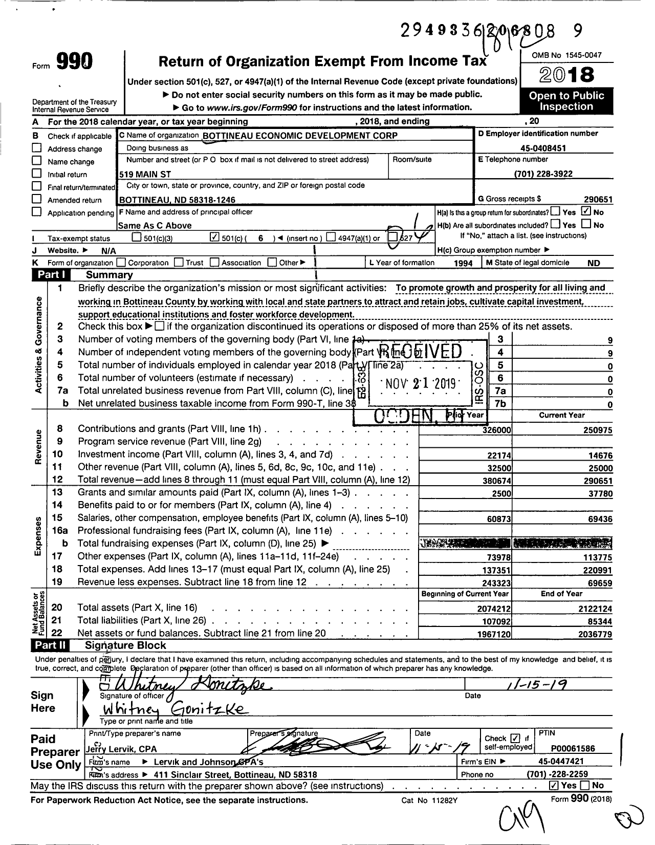 Image of first page of 2018 Form 990O for Bottineau Economic Development Corp