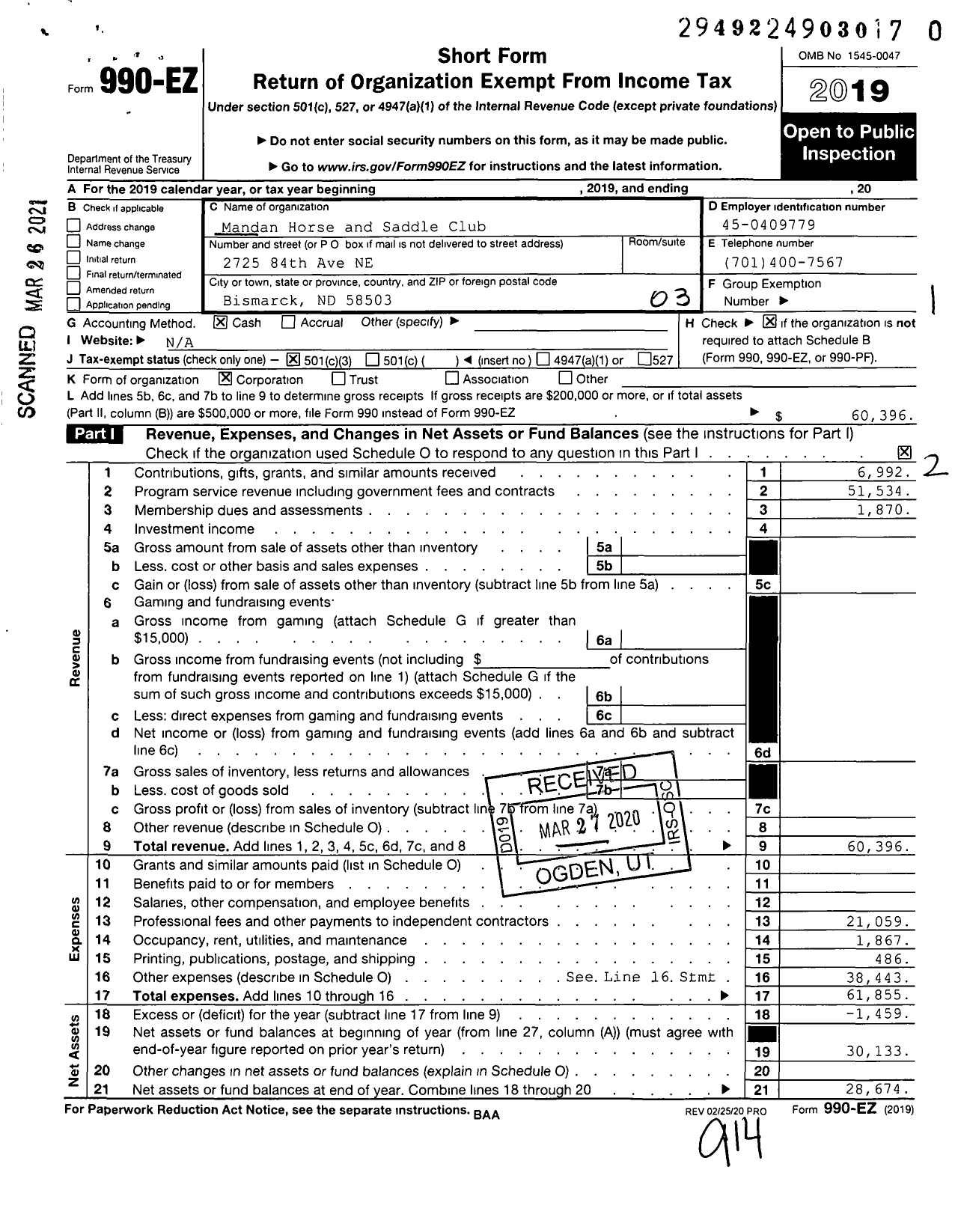 Image of first page of 2019 Form 990EZ for Mandan Horse and Saddle Club