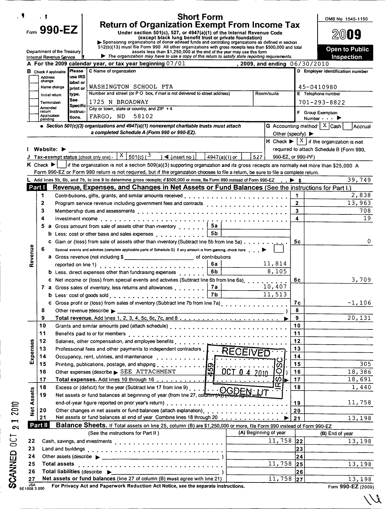 Image of first page of 2009 Form 990EZ for North Dakota Congress of Parents and Teachers / Washington PTA