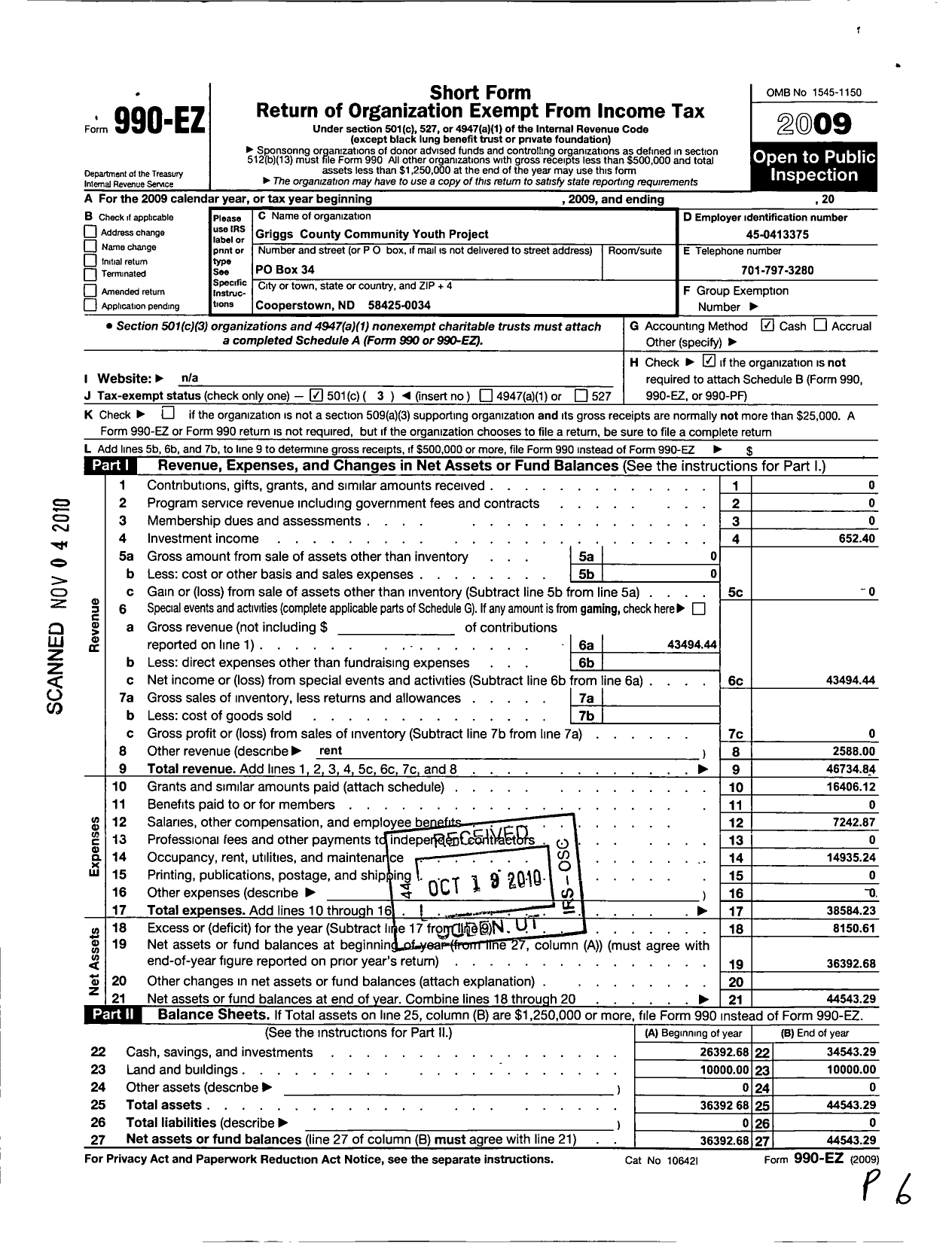 Image of first page of 2009 Form 990EZ for Griggs County Community Youth Project