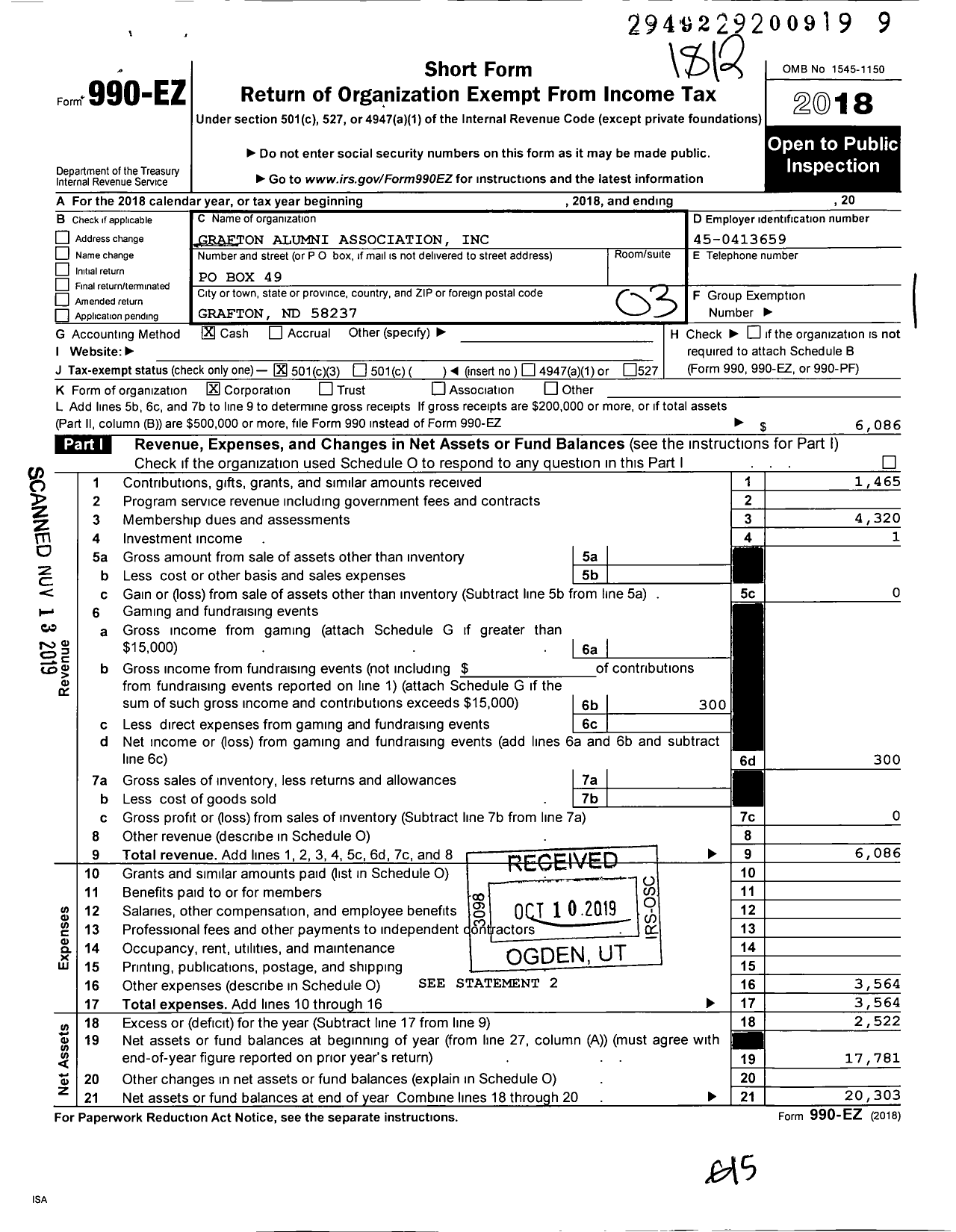 Image of first page of 2018 Form 990EZ for Grafton Alumni Association