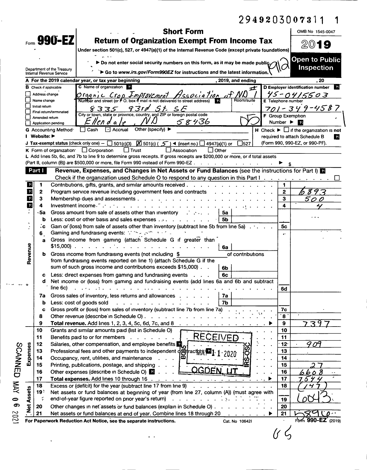 Image of first page of 2019 Form 990EO for Organic Crop Improvement Association of ND D