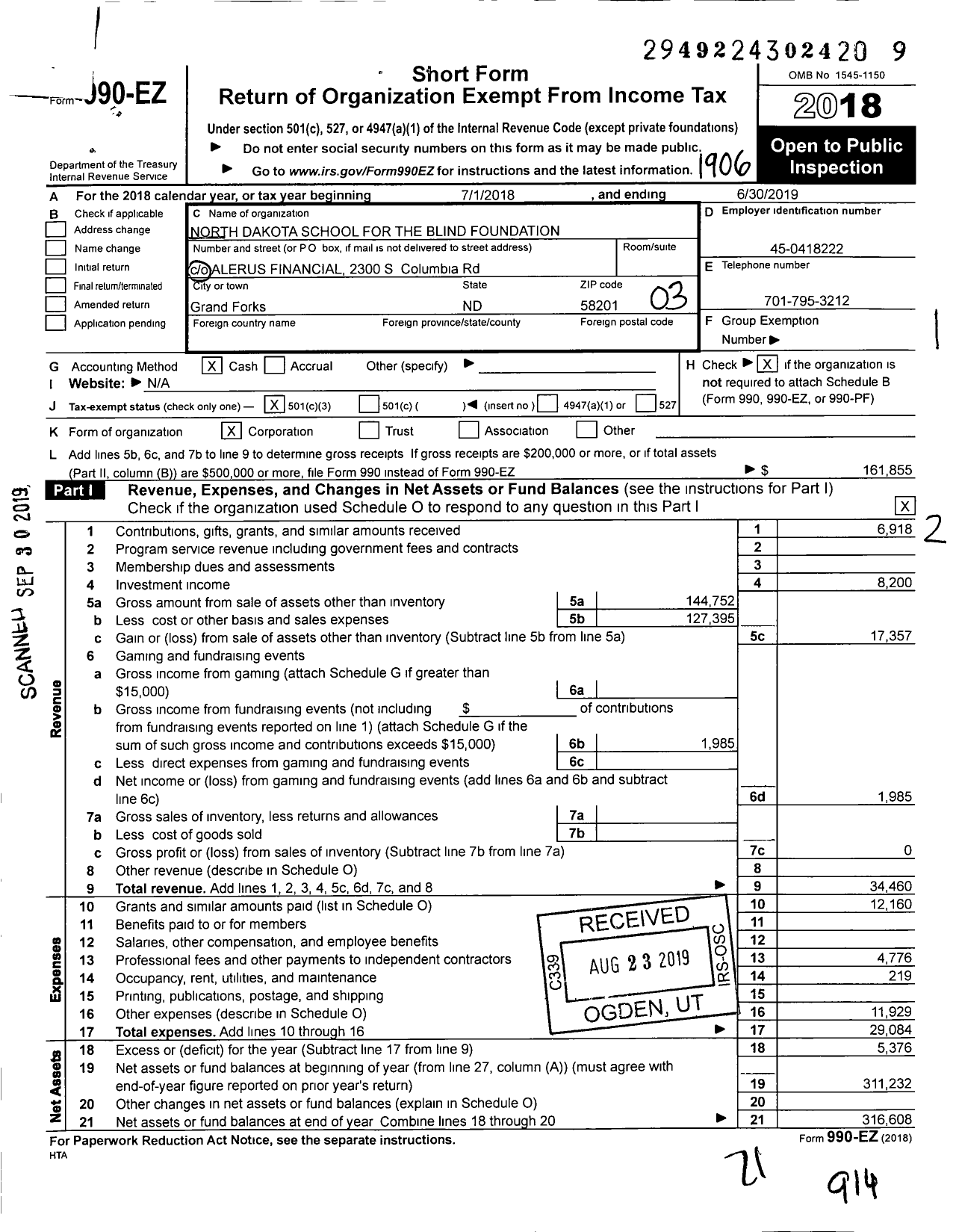 Image of first page of 2018 Form 990EZ for North Dakota School Blind Foundation