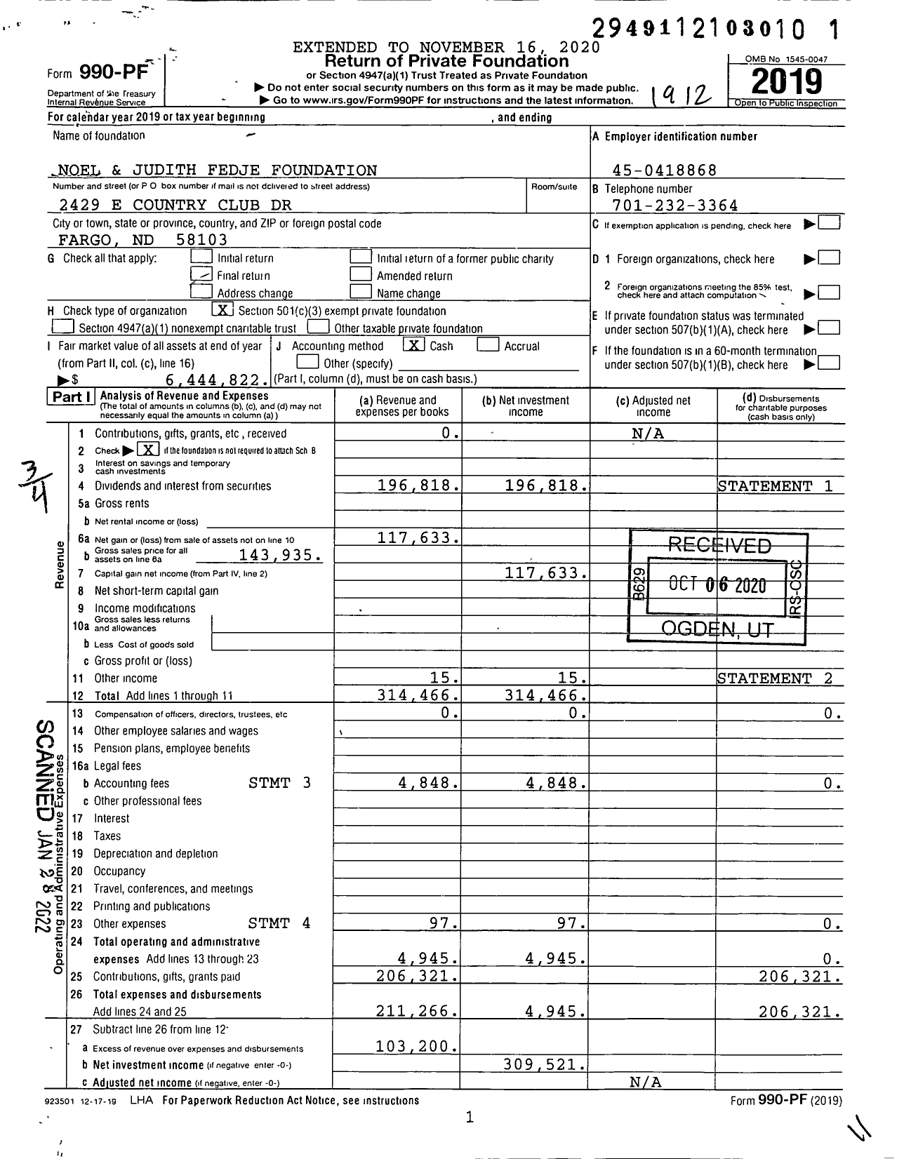 Image of first page of 2019 Form 990PF for Noel and Judith Fedje Foundation