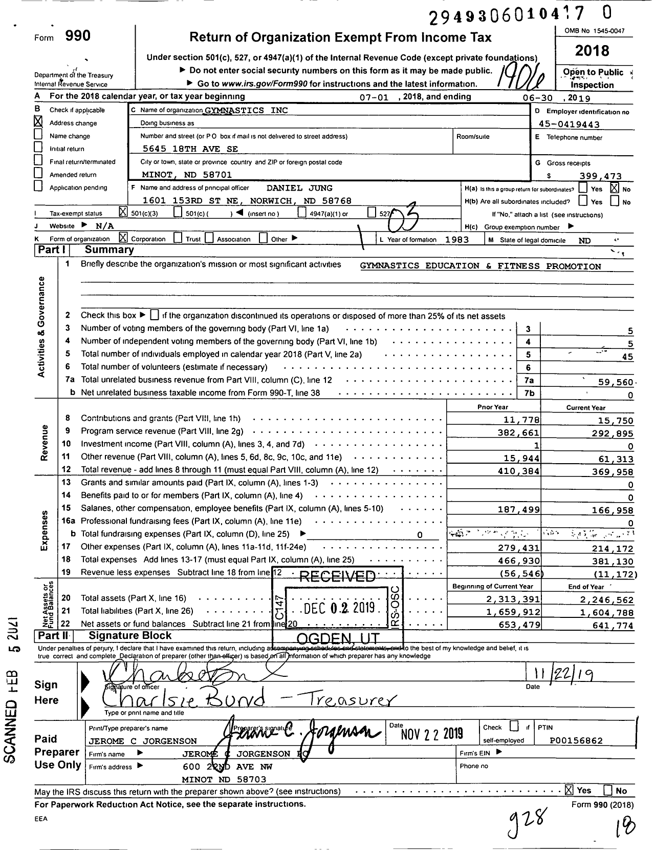 Image of first page of 2018 Form 990 for Gymnastics