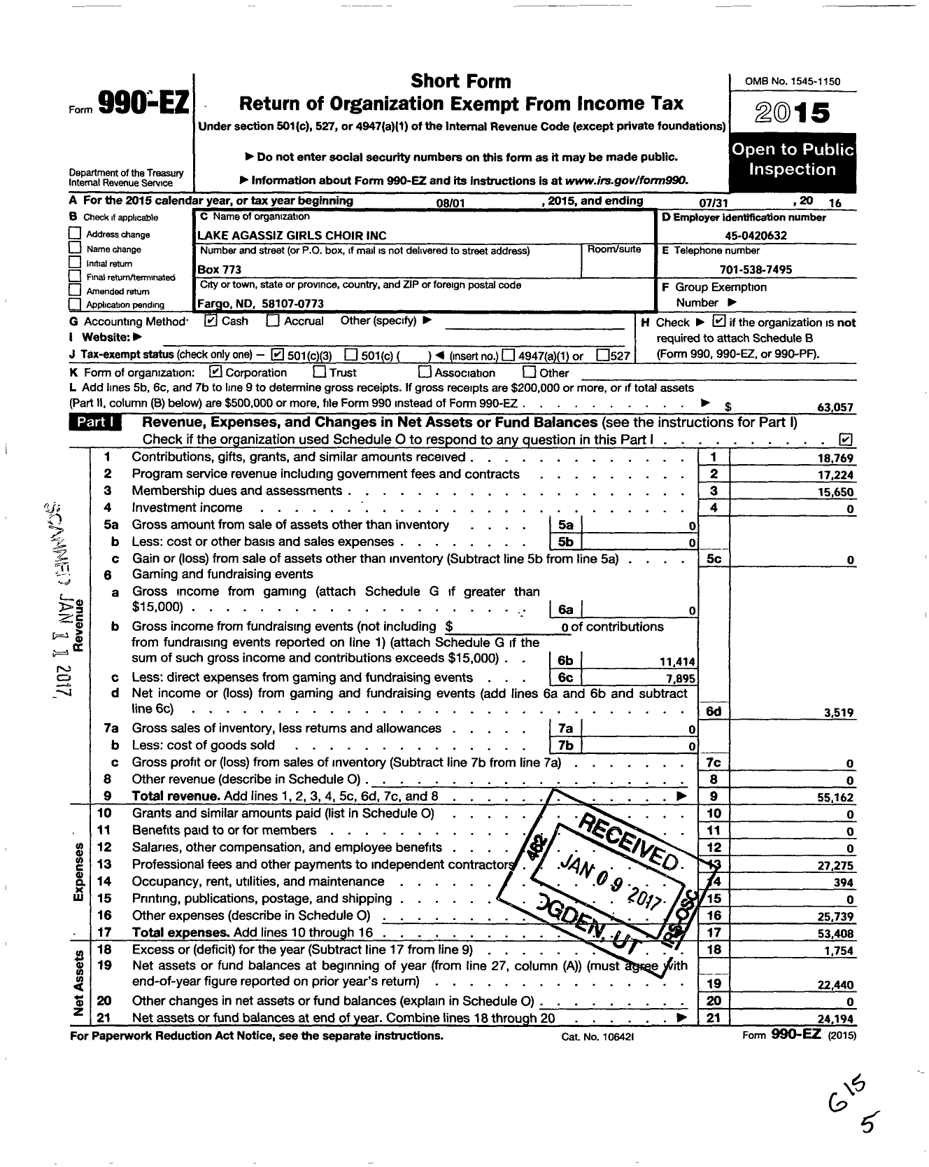 Image of first page of 2015 Form 990EZ for Lake Agassiz Girls Choir