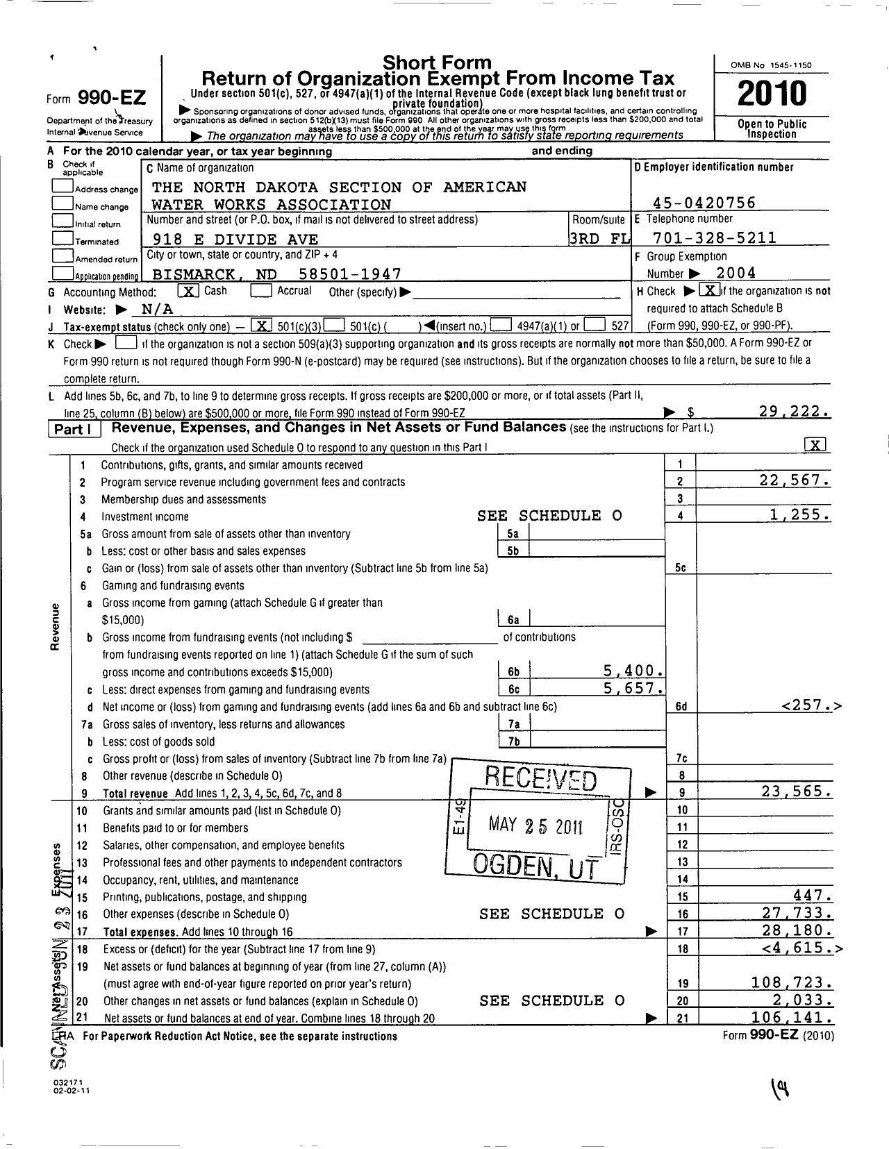 Image of first page of 2010 Form 990EZ for American Water Works Association / North Dakota Section