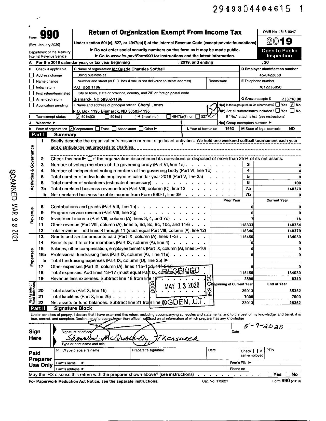 Image of first page of 2019 Form 990 for Mcquades Charities Softball Tournament